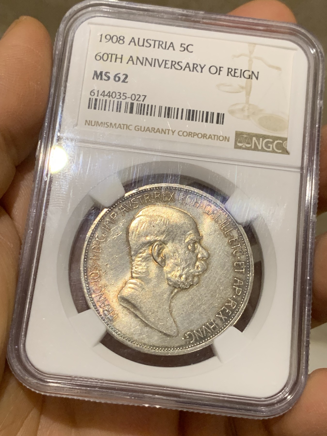 《竞宝斋》圣诞专辑  第二场  第228场 定制纪念章相赠 (全场顺丰包邮) NGC-MS62 奥匈帝国 1908年 弗朗茨一世登基60周年 奔跑的女人 5克朗 银币 黄油环彩 外拍上涨品种