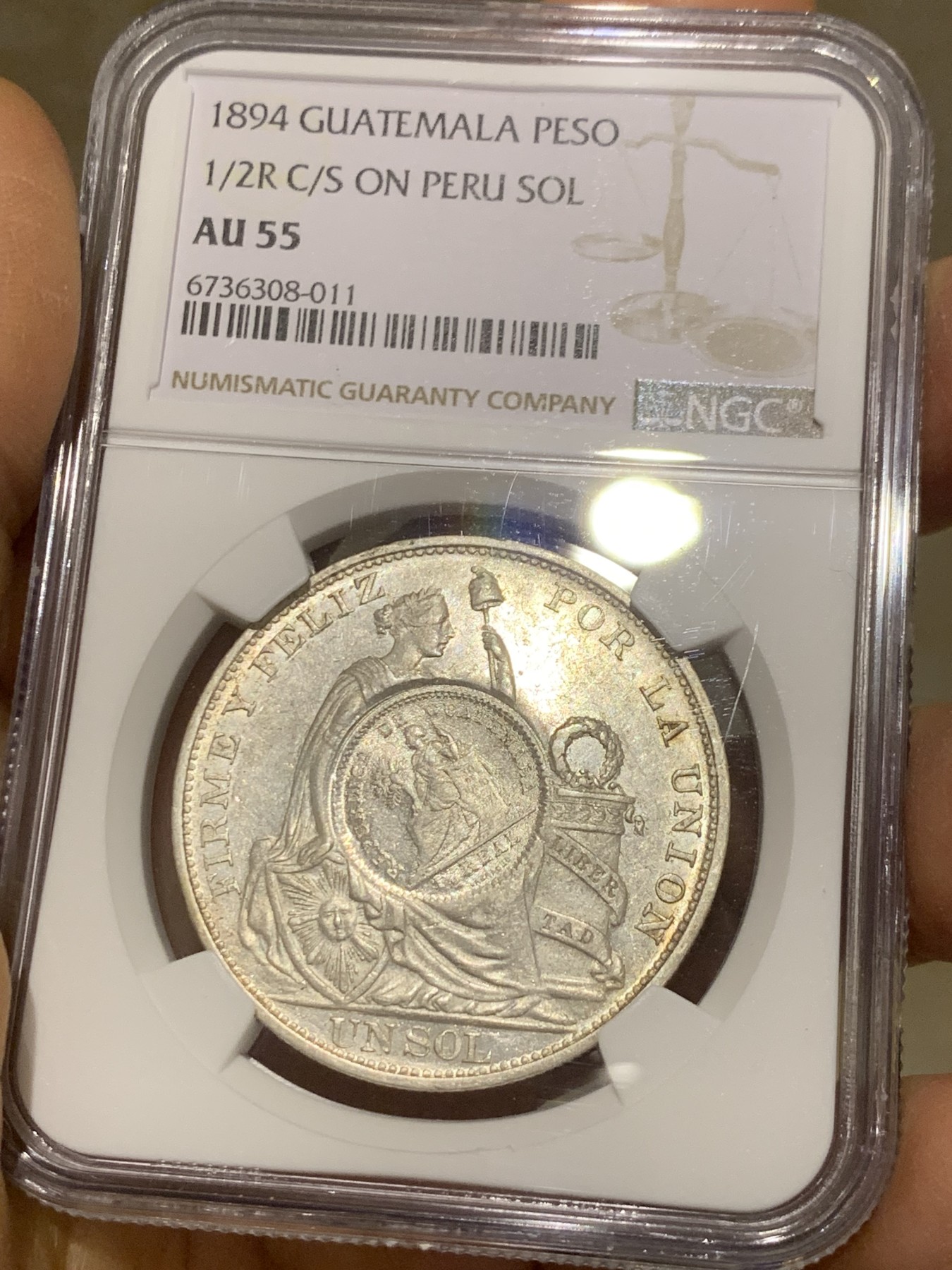 《竞宝斋》圣诞专辑  第二场  第228场 定制纪念章相赠 (全场顺丰包邮) NGC-AU55 危地马拉1894年加盖1比索银币 热门品种 低评好状态