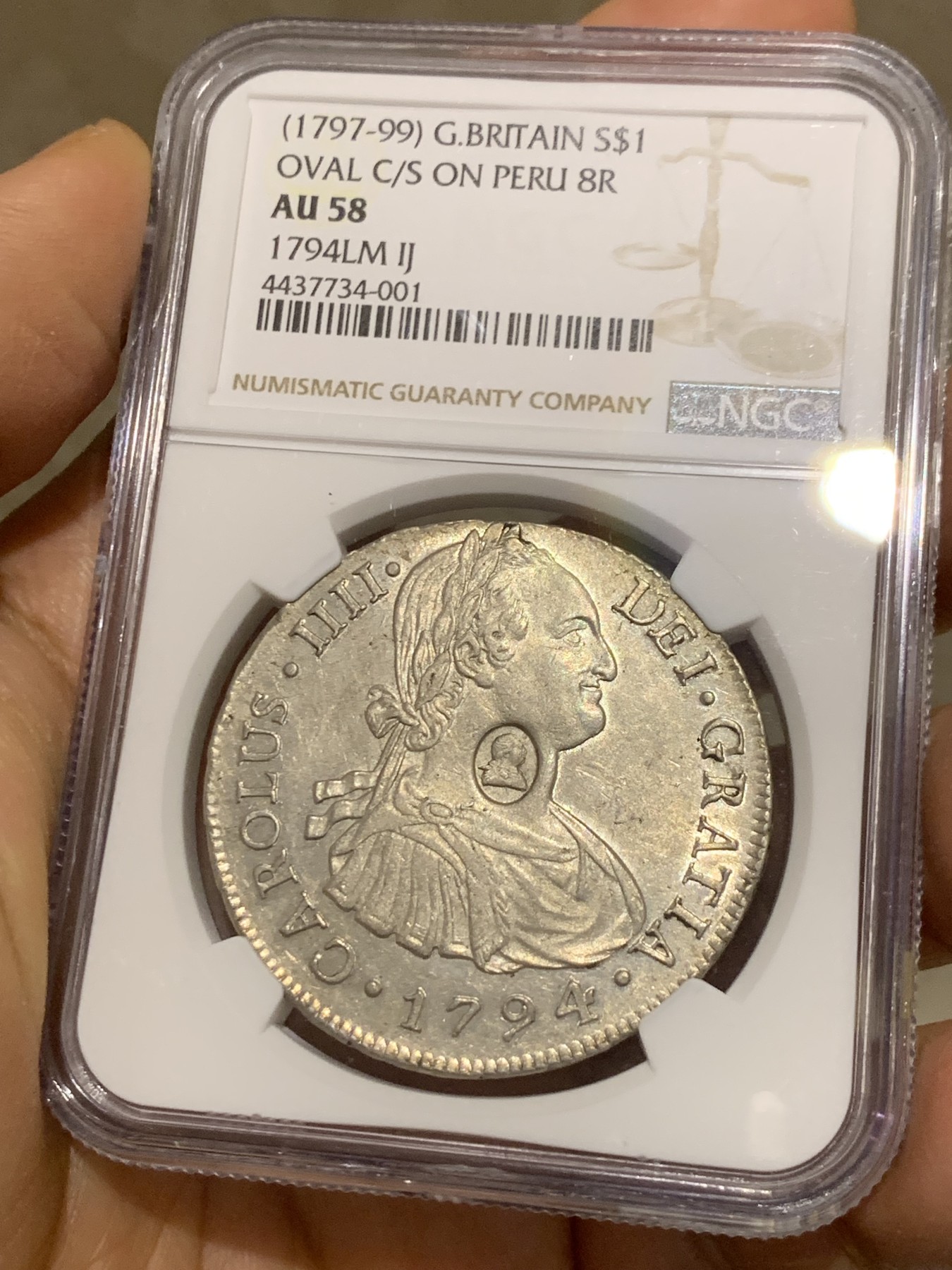 《竞宝斋》圣诞专辑  第二场  第228场 定制纪念章相赠 (全场顺丰包邮) NGC AU58 季军 英国1794年乔治三世加盖秘鲁8里亚尔，秘鲁加盖少见