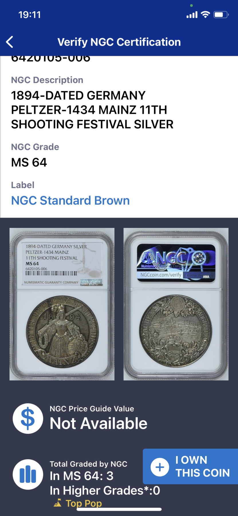 《竞宝斋》圣诞专辑  第一场  第227场 定制纪念章相赠 (全场顺丰包邮) NGC MS64 1894年德国美因茨射击节大银章，镜面五彩底板，正面人物高点俱在，背面城市景观惟妙惟肖，冠军分，一步到位，热门品种