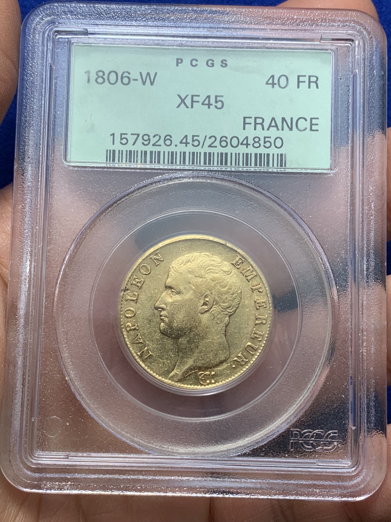 《竞宝斋》圣诞专辑  第二场  第228场 定制纪念章相赠 (全场顺丰包邮) PCGS XF45 法国1806年拿破仑一世40法郎金币 里尔造币厂 非常少见厂标 老绿盒严评 21年ha拍卖行拍出一枚同版ngcAU53含佣1560刀约11000rmb 铸造量仅4336枚 克劳斯钱币目录中XF40估价2500刀