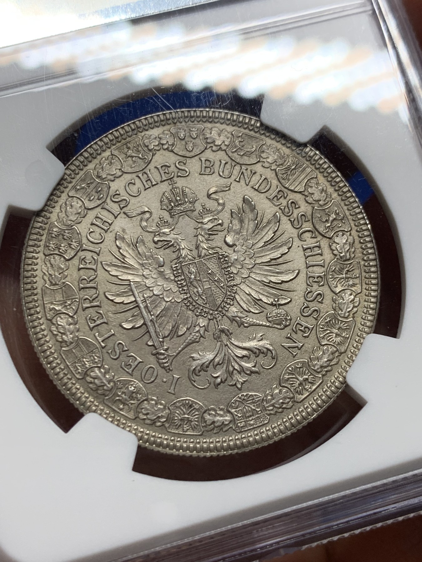 《竞宝斋》圣诞专辑  第二场  第228场 定制纪念章相赠 (全场顺丰包邮) NGC-MS65 奥地利 1880 射击节泰勒/2弗洛林 浮雕生动 构图精妙 安东 沙夫 经典设计 NGC亚军分 首拍品种