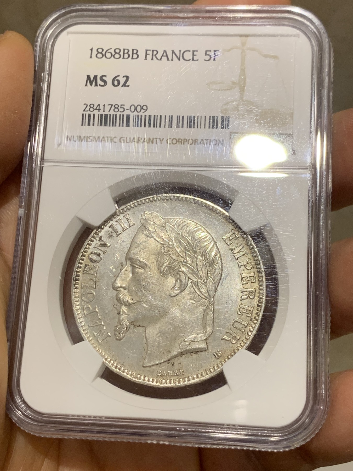 《竞宝斋》圣诞专辑  第二场  第228场 定制纪念章相赠 (全场顺丰包邮) NGC-MS62 法兰西第二帝国 拿破仑三世 1868年5法郎银币  细节满满  淡黄包浆 车轮光犹在 通货常见好品难得  值得入手