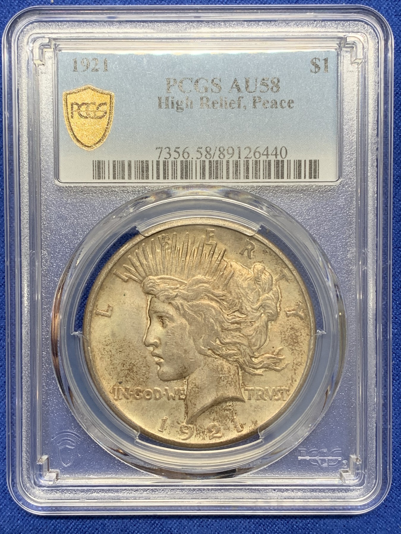 《竞宝斋》圣诞专辑  第二场  第228场 定制纪念章相赠 (全场顺丰包邮) PCGS-AU58 美国 1921年 1美元 和平币 首年高浮雕 和平币中的名誉品 原味包浆
