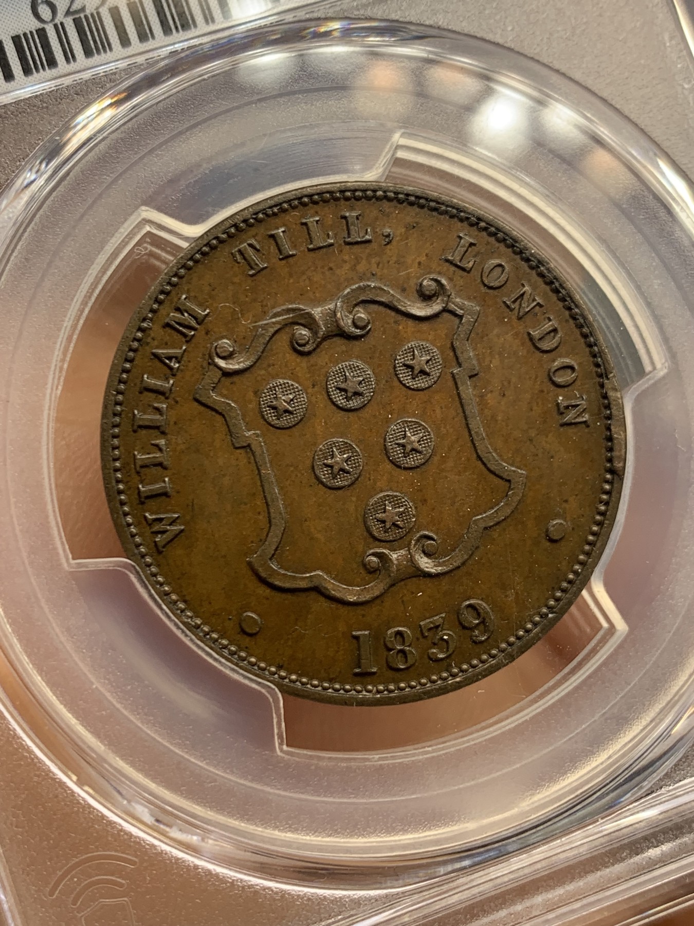 《竞宝斋》圣诞专辑  第二场  第228场 定制纪念章相赠 (全场顺丰包邮) PCGS MS64 冠军 英国1839年Token半便士，著名币商William Till广告币