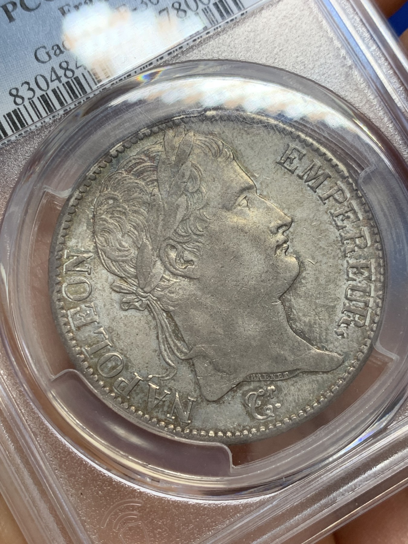 《竞宝斋》圣诞专辑  第二场  第228场 定制纪念章相赠 (全场顺丰包邮) PCGS AU55 法国1813年拿破仑一世5法郎银币 少见鲁昂造币厂 原味带光全深打 55分的1枚 更高分4枚 有分的非常稀少