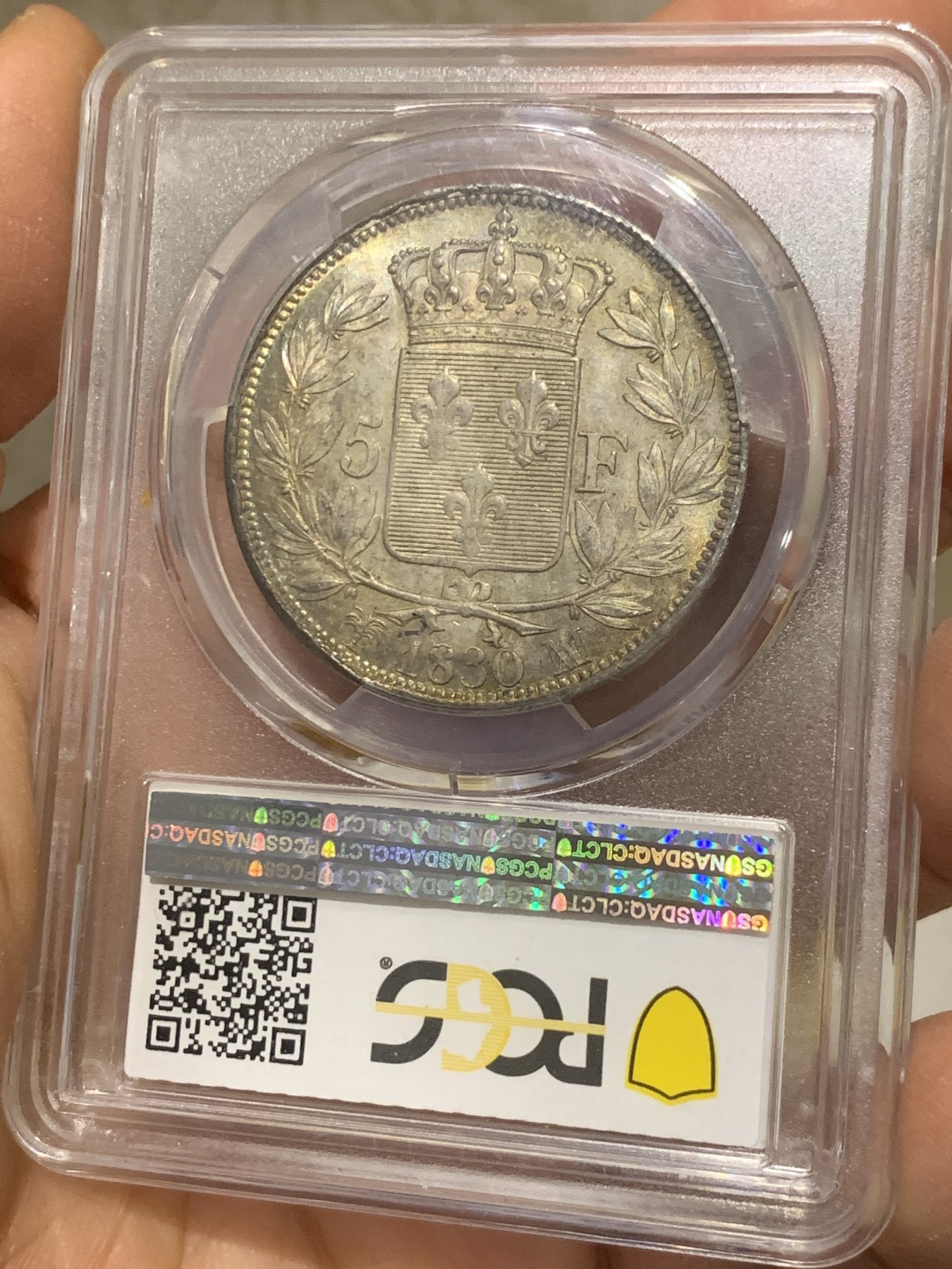《竞宝斋》圣诞专辑  第二场  第228场 定制纪念章相赠 (全场顺丰包邮) PCGS MS63 法国 1830年 马赛厂 查理十世 小字版 5法郎银币 难得的五彩包浆 发行量只有180万枚
