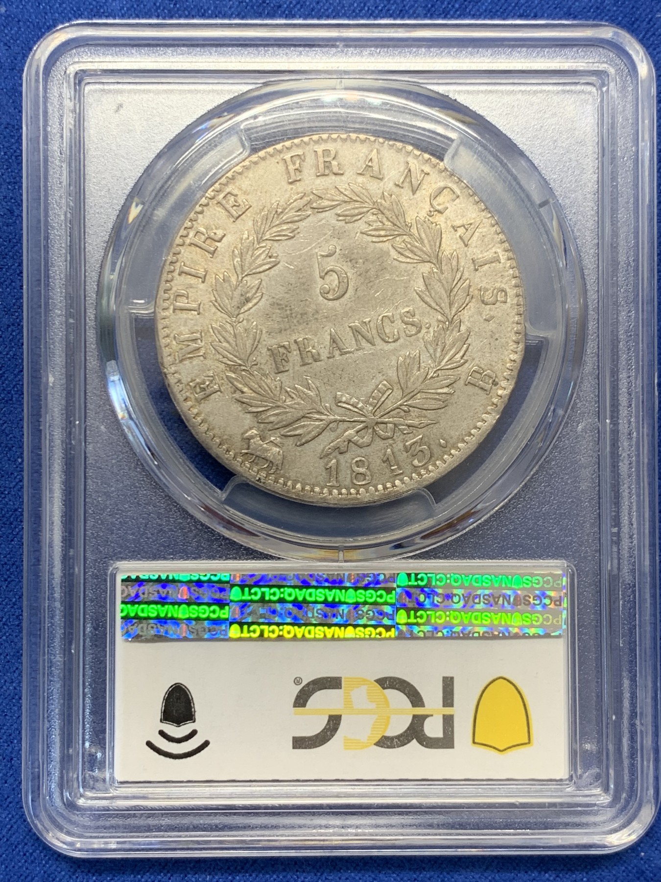 《竞宝斋》圣诞专辑  第二场  第228场 定制纪念章相赠 (全场顺丰包邮) PCGS AU55 法国1813年拿破仑一世5法郎银币 少见鲁昂造币厂 原味带光全深打 55分的1枚 更高分4枚 有分的非常稀少
