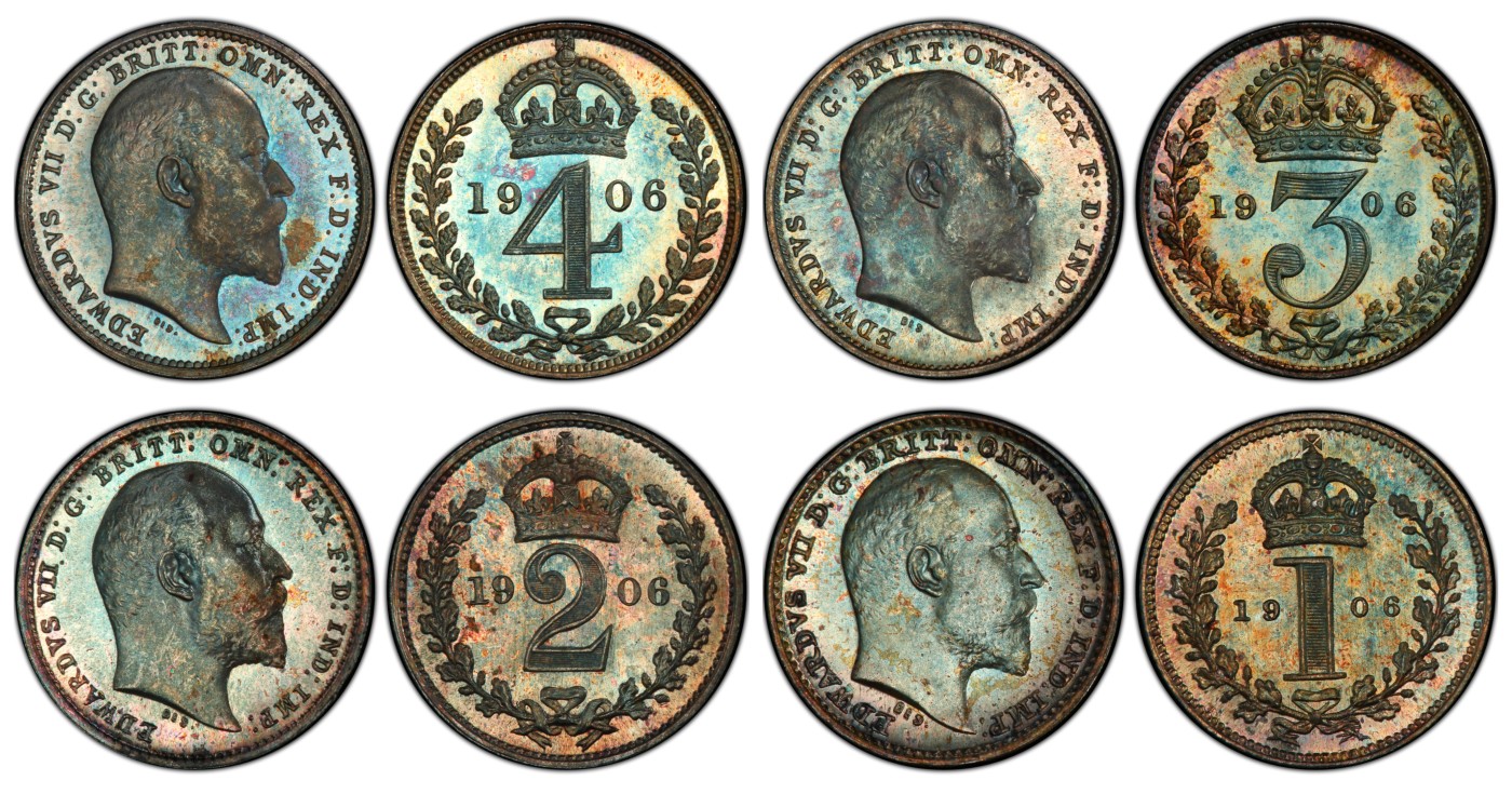 《竞宝斋》圣诞专辑  第二场  第228场 定制纪念章相赠 (全场顺丰包邮) 4枚一组 PCGS-PL66-68 英国1906年爱德华七世 濯足节套币。镜面感非常明显，且有统一的欧珀光泽包浆，全套高分，包含多枚冠军分，不可超越的一套。带同年份原盒。