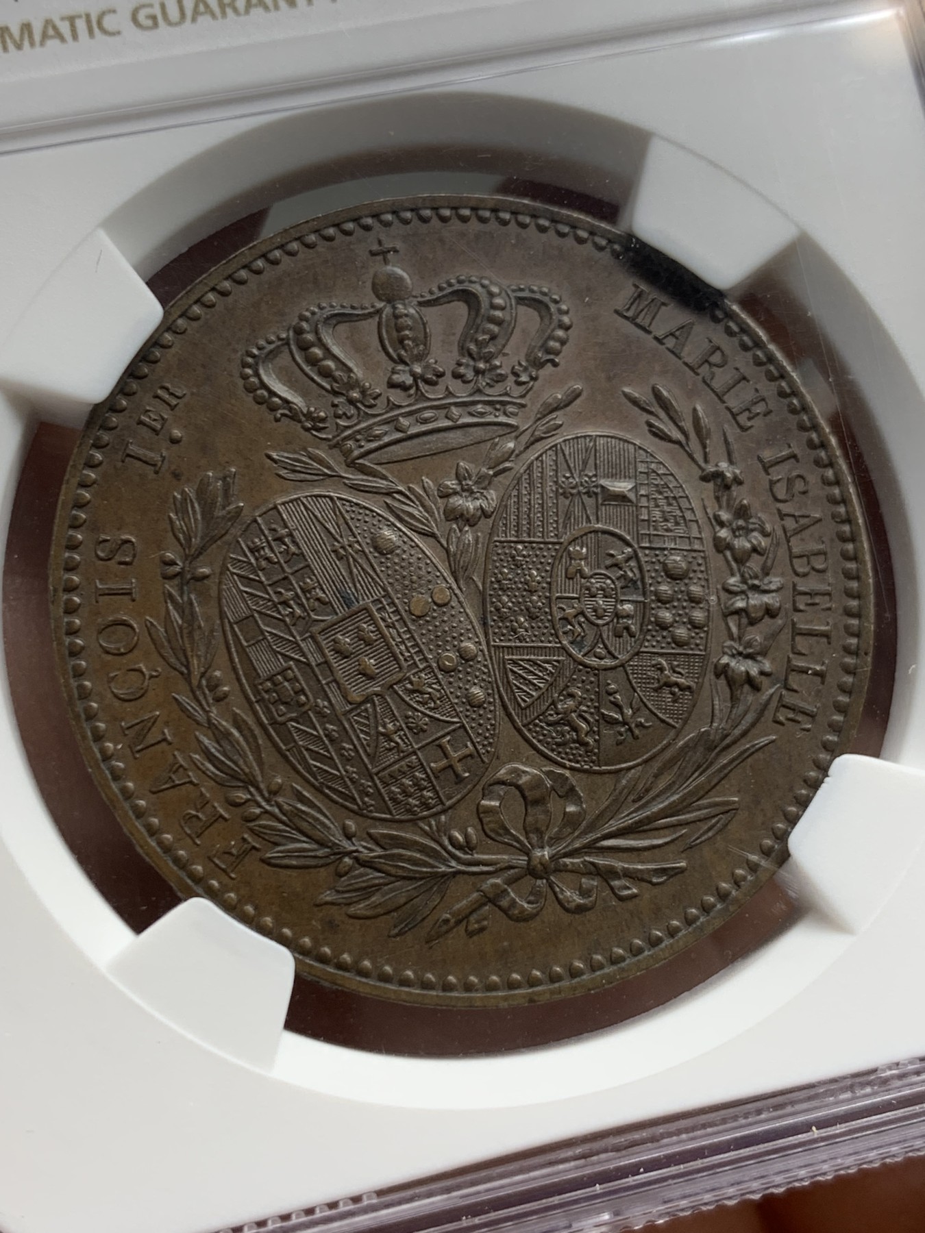 《竞宝斋》圣诞专辑  第二场  第228场 定制纪念章相赠 (全场顺丰包邮) NGC MS62BN 1830法国5法郎铜样币，纪念两西西里国王&王后参观巴黎造币厂而发行的铜质样币，发行量只有200枚！低评，克劳斯目录价高。