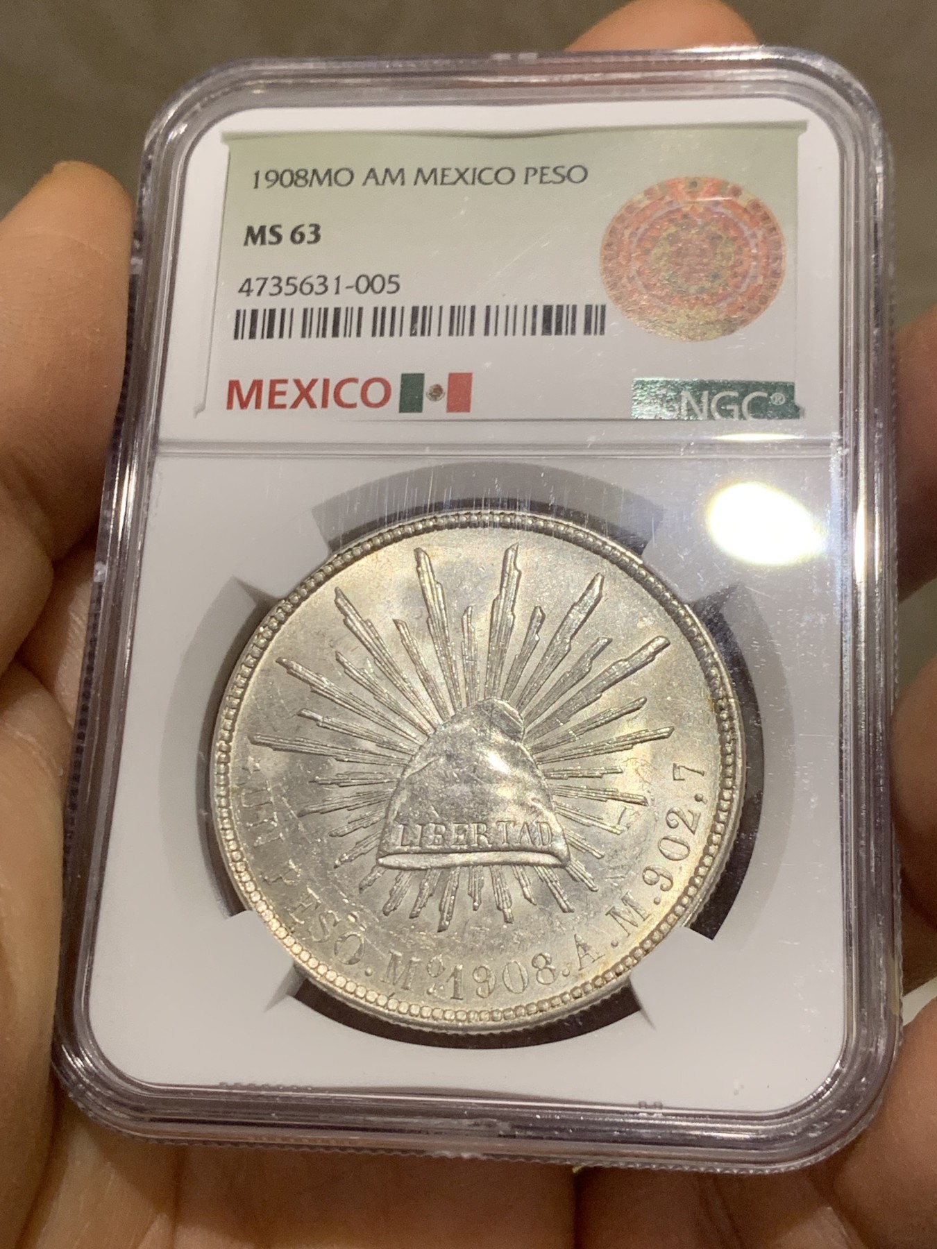 《竞宝斋》圣诞专辑  第二场  第228场 定制纪念章相赠 (全场顺丰包邮) NGC MS63 墨西哥1908年MoAM版直边鹰洋1比索银币 墨西哥本土ngc评级