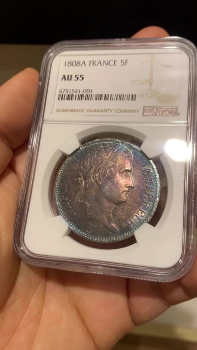 《竞宝斋》圣诞专辑  第二场  第228场 定制纪念章相赠 (全场顺丰包邮) NGC-AU55 法国1808年拿破仑大帝5法郎银币 特年，是拿破仑皇帝桂冠头像的共和版唯一年份，炫彩紫老包浆，有转光，状态极佳