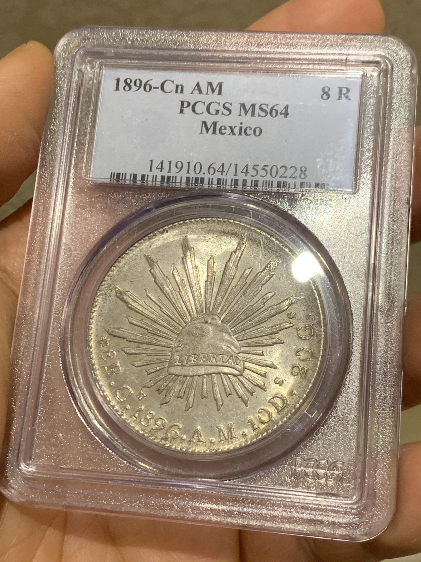 《竞宝斋》圣诞专辑  第二场  第228场 定制纪念章相赠 (全场顺丰包邮) PCGS-MS64 墨西哥 1896年 8瑞尔 花边鹰洋 略少厂别 绝版老白盒 味道不错