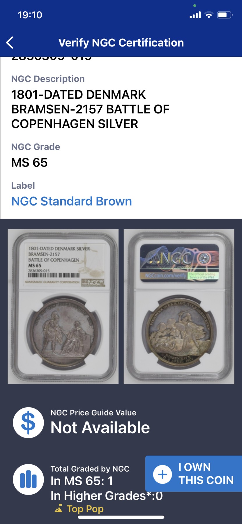 《竞宝斋》圣诞专辑  第一场  第227场 定制纪念章相赠 (全场顺丰包邮) NGC MS65 丹麦1801银章，哥本哈根战役，名家loos经典之作。镜面五彩冠军分数完美品。