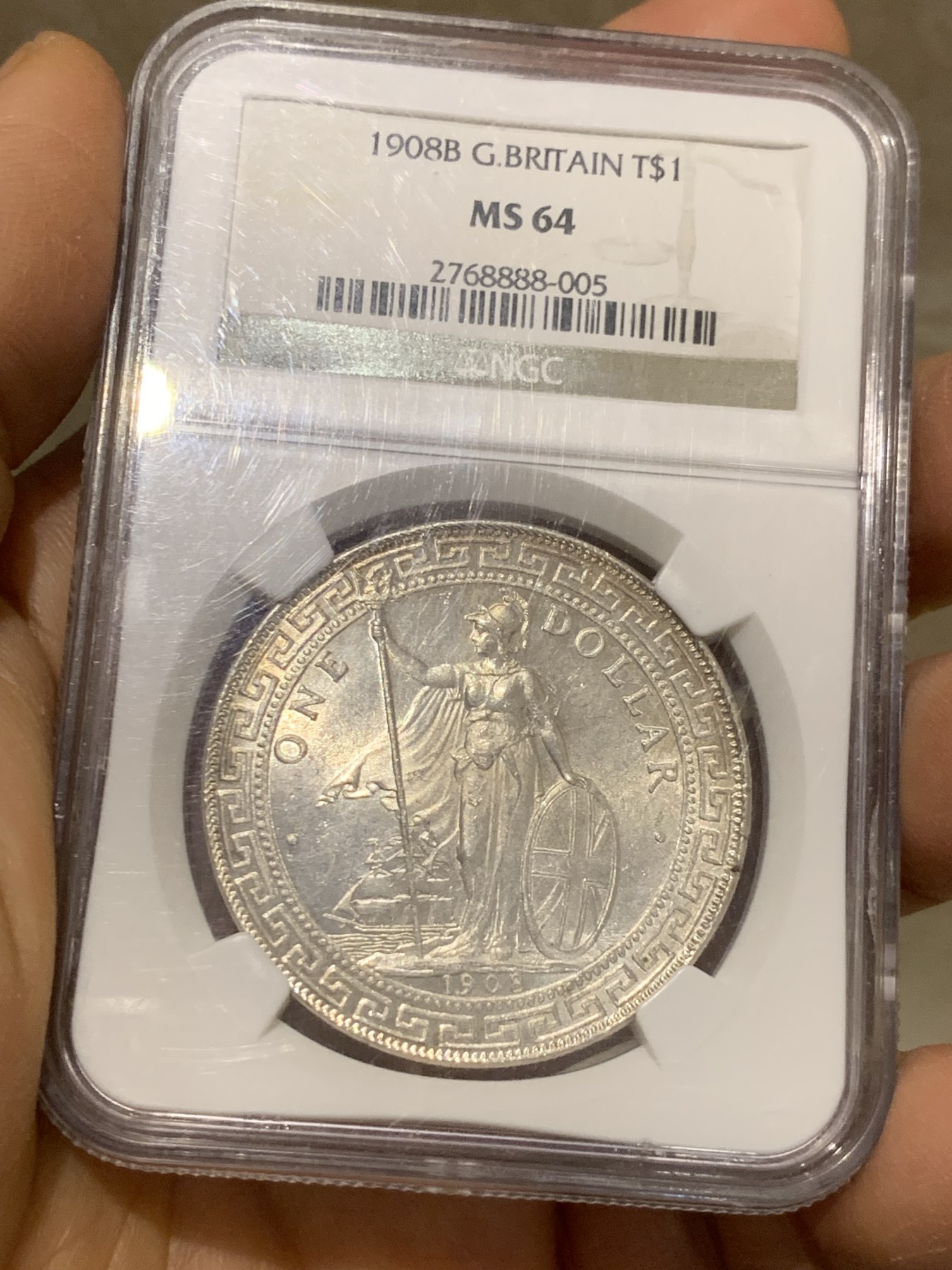 《竞宝斋》圣诞专辑  第二场  第228场 定制纪念章相赠 (全场顺丰包邮) NGC-MS64 1908年B 站洋一元 银币 不错的年份 淡黄彩