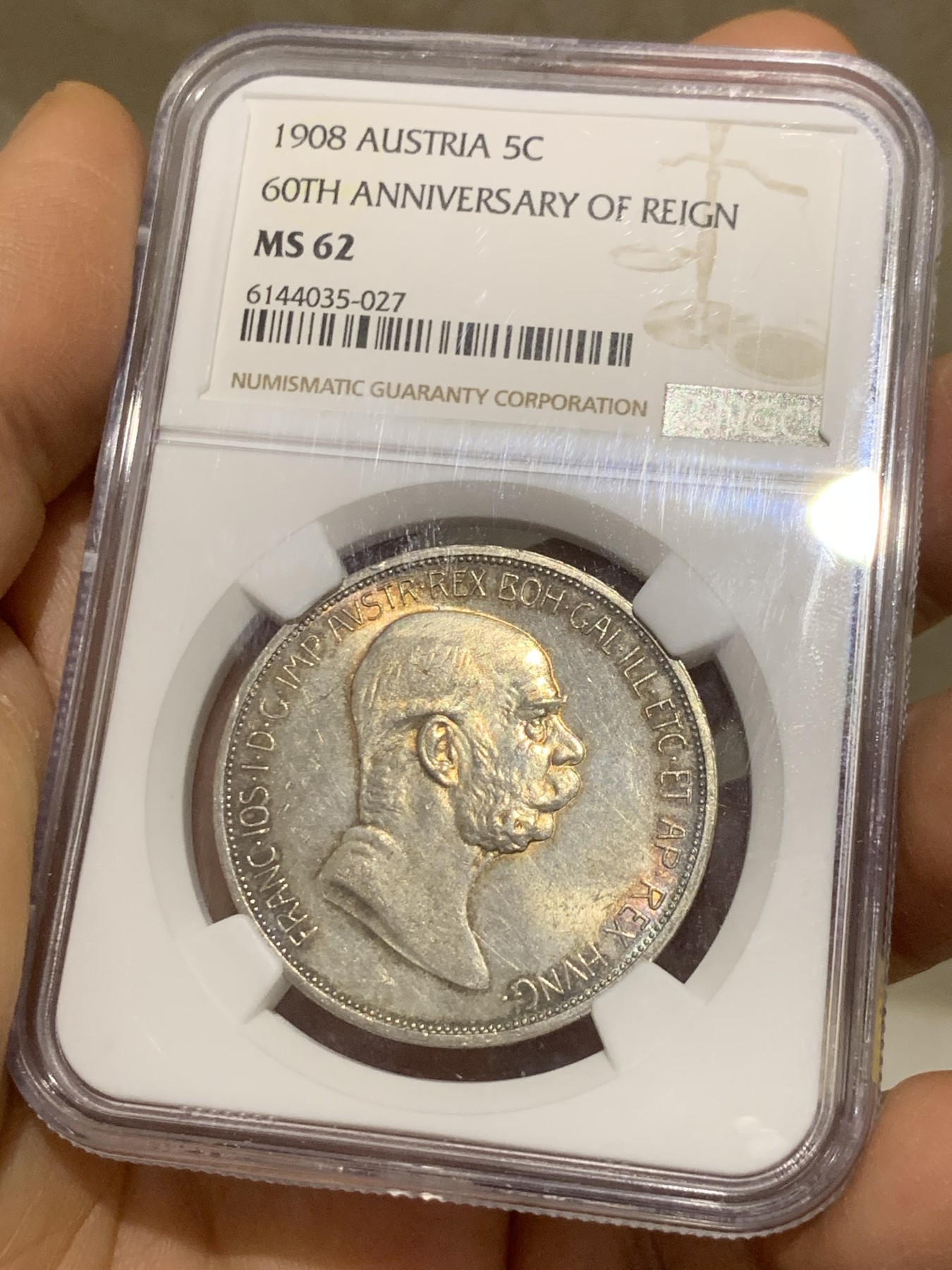 《竞宝斋》圣诞专辑  第二场  第228场 定制纪念章相赠 (全场顺丰包邮) NGC-MS62 奥匈帝国 1908年 弗朗茨一世登基60周年 奔跑的女人 5克朗 银币 黄油环彩 外拍上涨品种