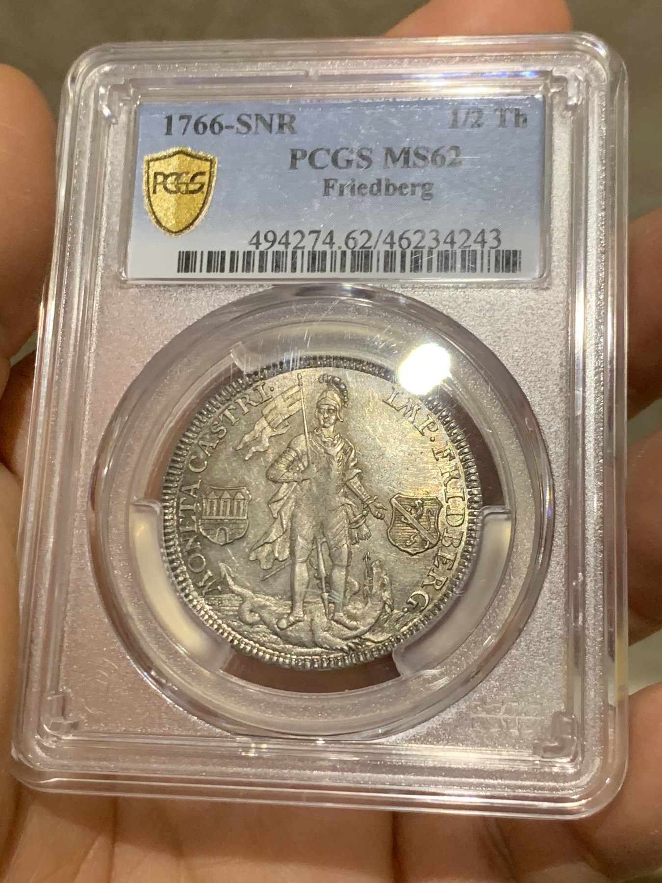 《竞宝斋》圣诞专辑  第二场  第228场 定制纪念章相赠 (全场顺丰包邮) PCGS-MS62 1766神圣罗马帝国弗里德贝格重甲武士1/2泰勒银币 非常少见，PL底板