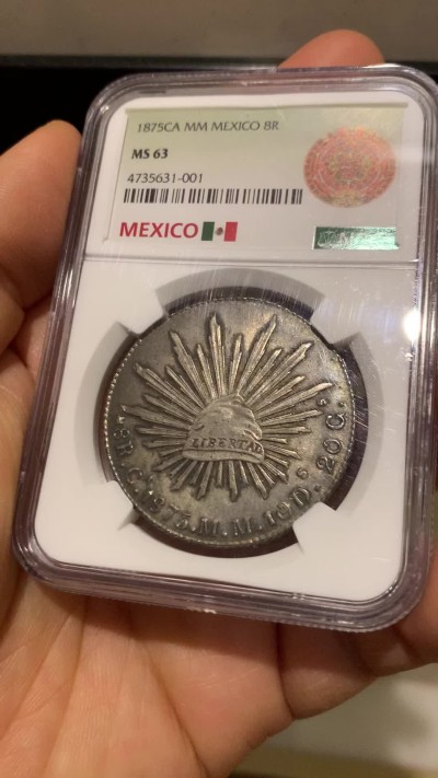 《竞宝斋》圣诞专辑  第二场  第228场 定制纪念章相赠 (全场顺丰包邮) NGC MS63 墨西哥1875年CA版（比较少见的版本）花边鹰洋8瑞尔银币
