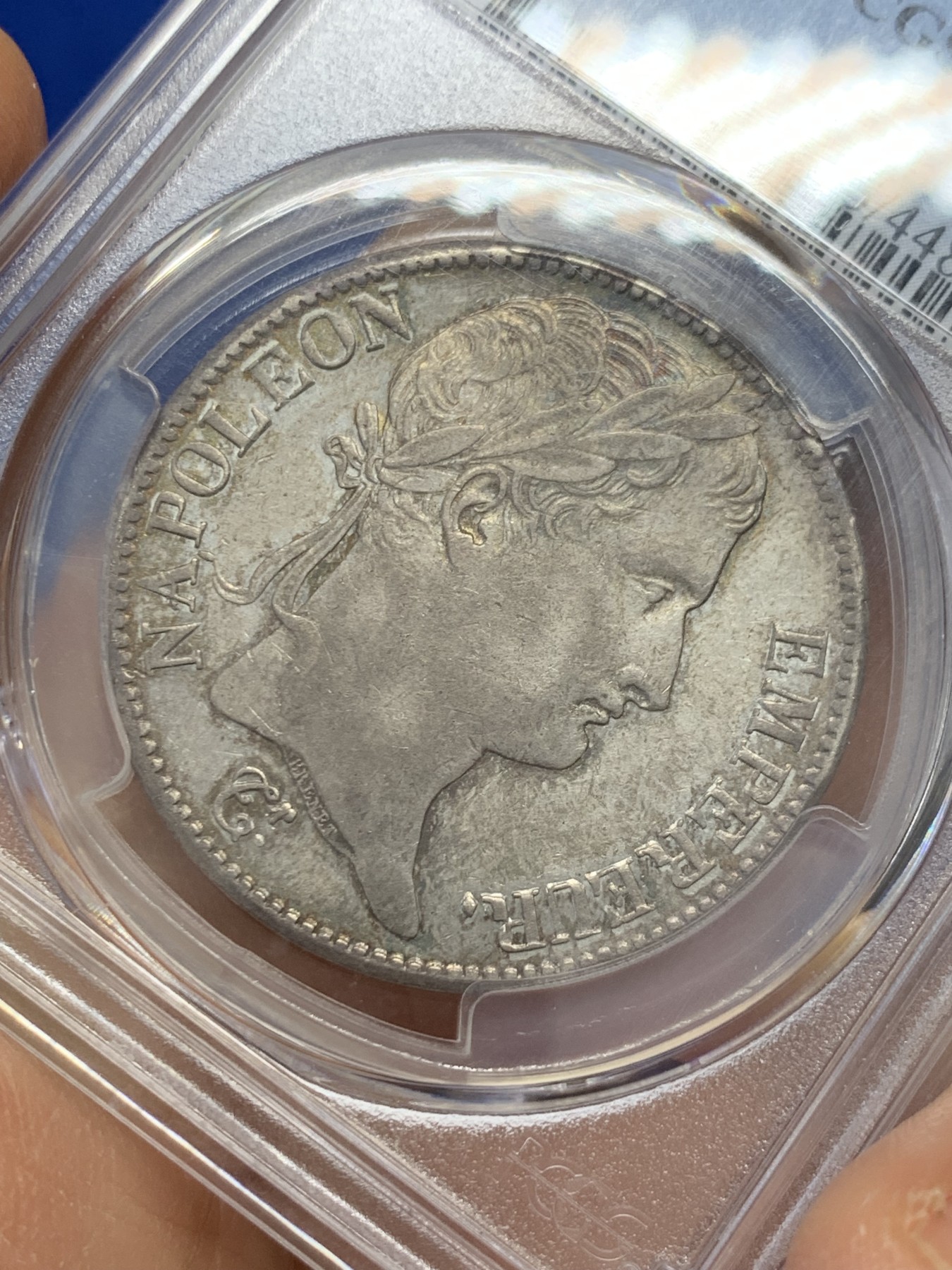 《竞宝斋》圣诞专辑  第二场  第228场 定制纪念章相赠 (全场顺丰包邮) PCGS AU55 法国1813年拿破仑一世5法郎银币 少见鲁昂造币厂 原味带光全深打 55分的1枚 更高分4枚 有分的非常稀少