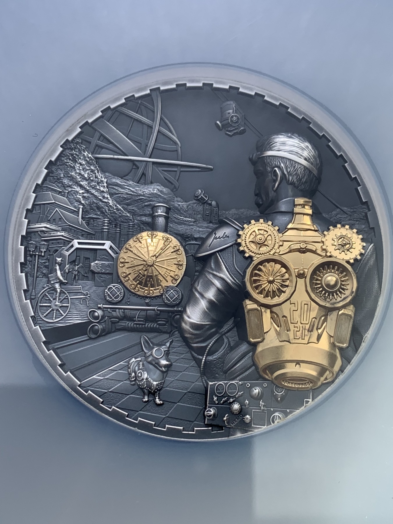 《竞宝斋》圣诞专辑  第二场  第228场 定制纪念章相赠 (全场顺丰包邮) NGC MS70 2021年库克蒸汽朋克系列-喷气背包浮雕镀金仿古纪念银币 盒装  50mm 3盎司 999银 发行量888枚