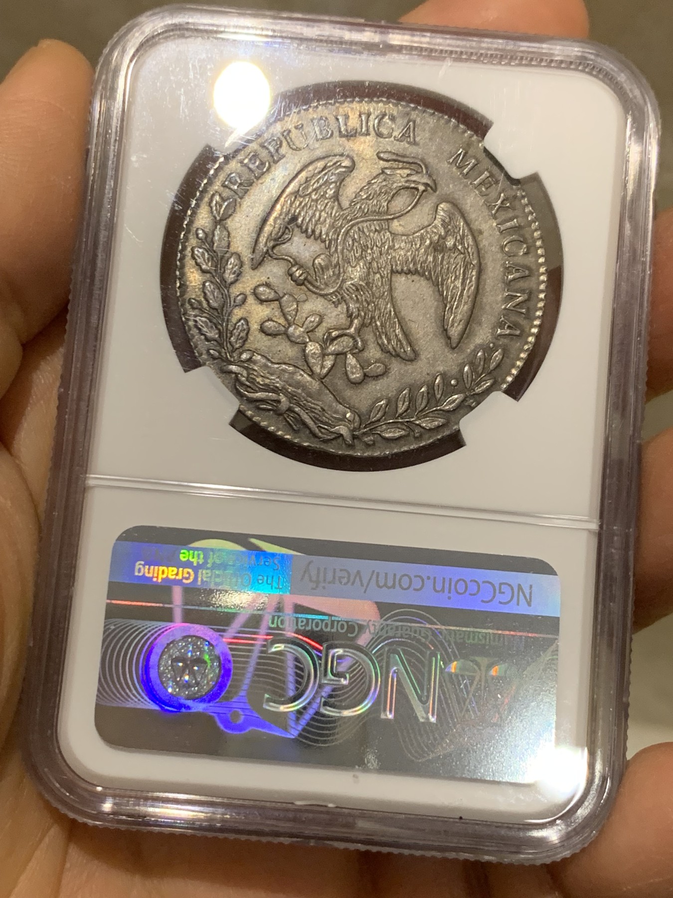 《竞宝斋》圣诞专辑  第二场  第228场 定制纪念章相赠 (全场顺丰包邮) NGC MS63 墨西哥1875年CA版（比较少见的版本）花边鹰洋8瑞尔银币