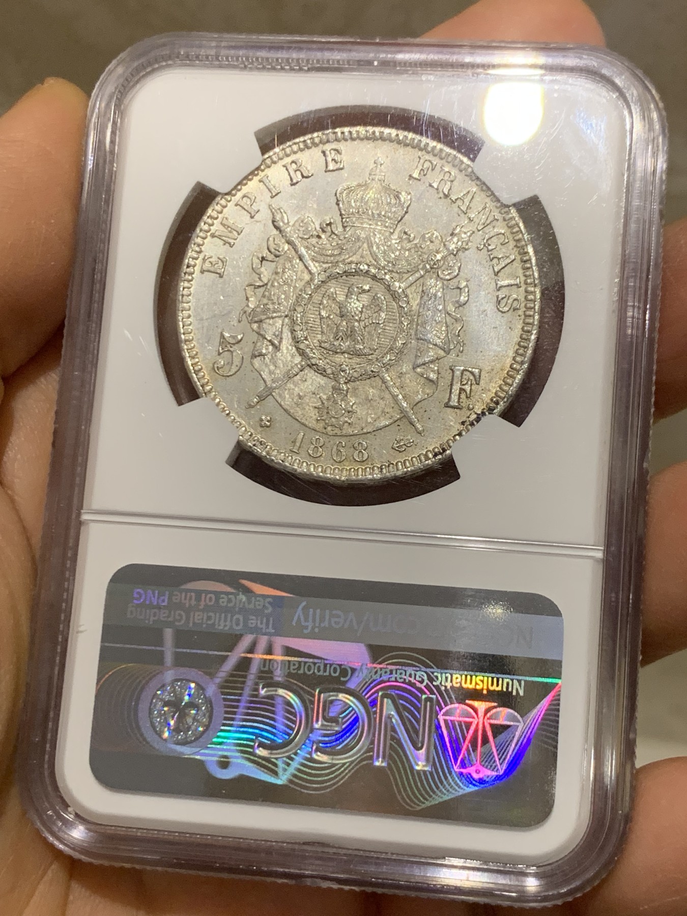 《竞宝斋》圣诞专辑  第二场  第228场 定制纪念章相赠 (全场顺丰包邮) NGC-MS62 法兰西第二帝国 拿破仑三世 1868年5法郎银币  细节满满  淡黄包浆 车轮光犹在 通货常见好品难得  值得入手