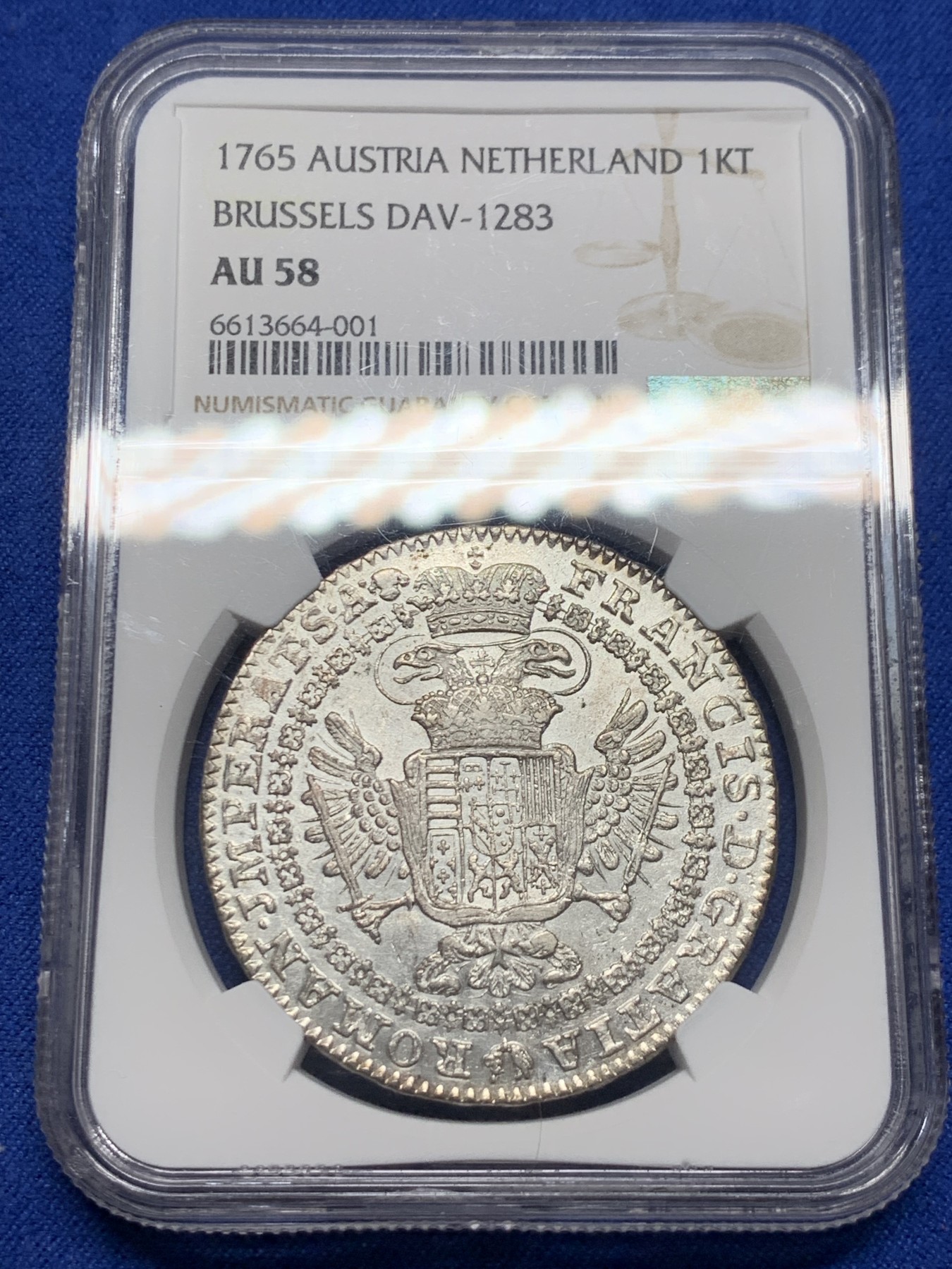 《竞宝斋》圣诞专辑  第二场  第228场 定制纪念章相赠 (全场顺丰包邮) NGC-AU58 1765年奥属尼德兰1泰勒大银币 唯一评级记录，君主为大奶妈与弗朗茨一世，比单独大奶妈那版少很多，底板很好，高点也在，有些低评了