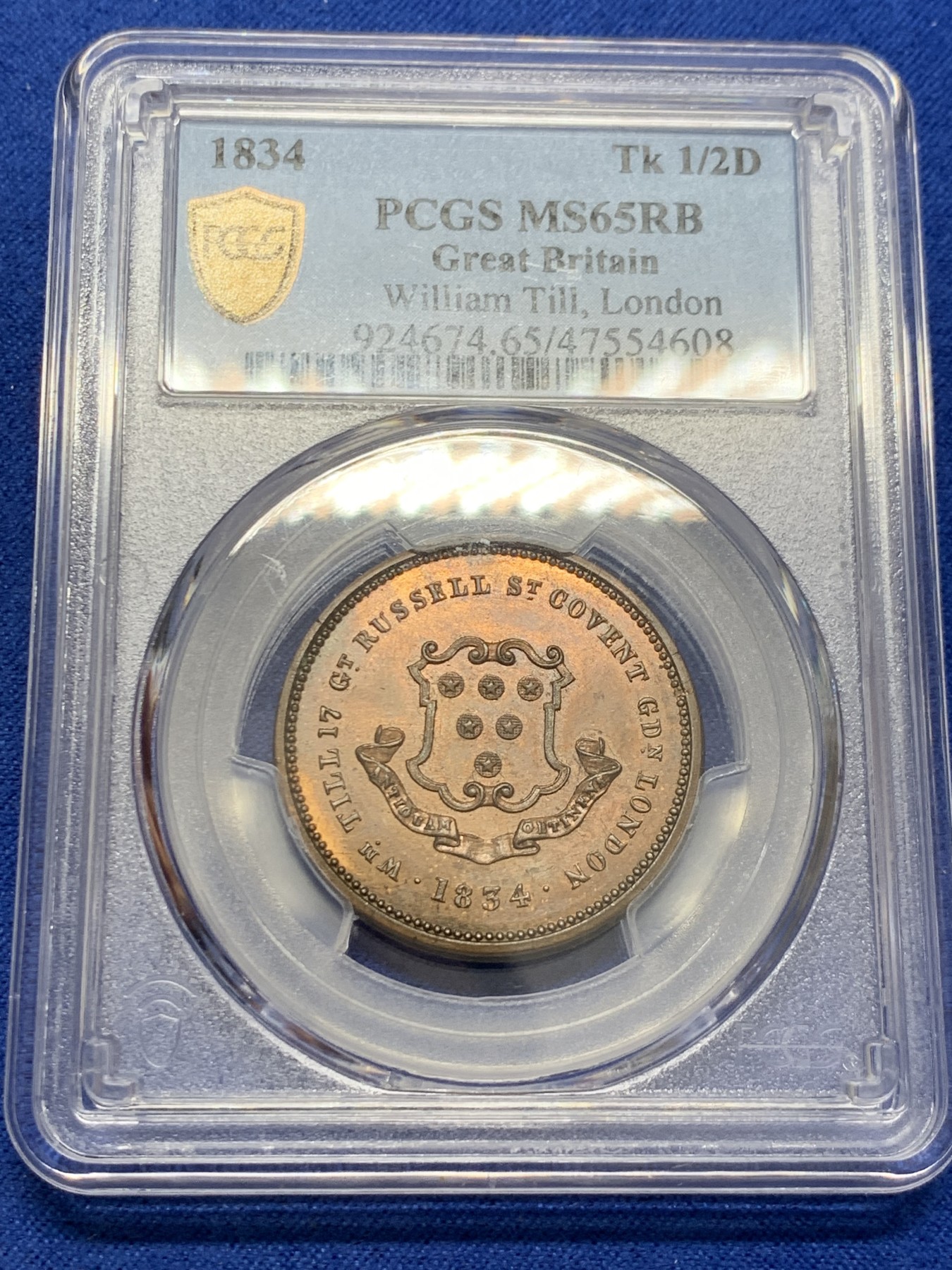 《竞宝斋》圣诞专辑  第二场  第228场 定制纪念章相赠 (全场顺丰包邮) PCGS MS65 唯一冠军 英国1834年Token半便士，著名币商William Till广告币