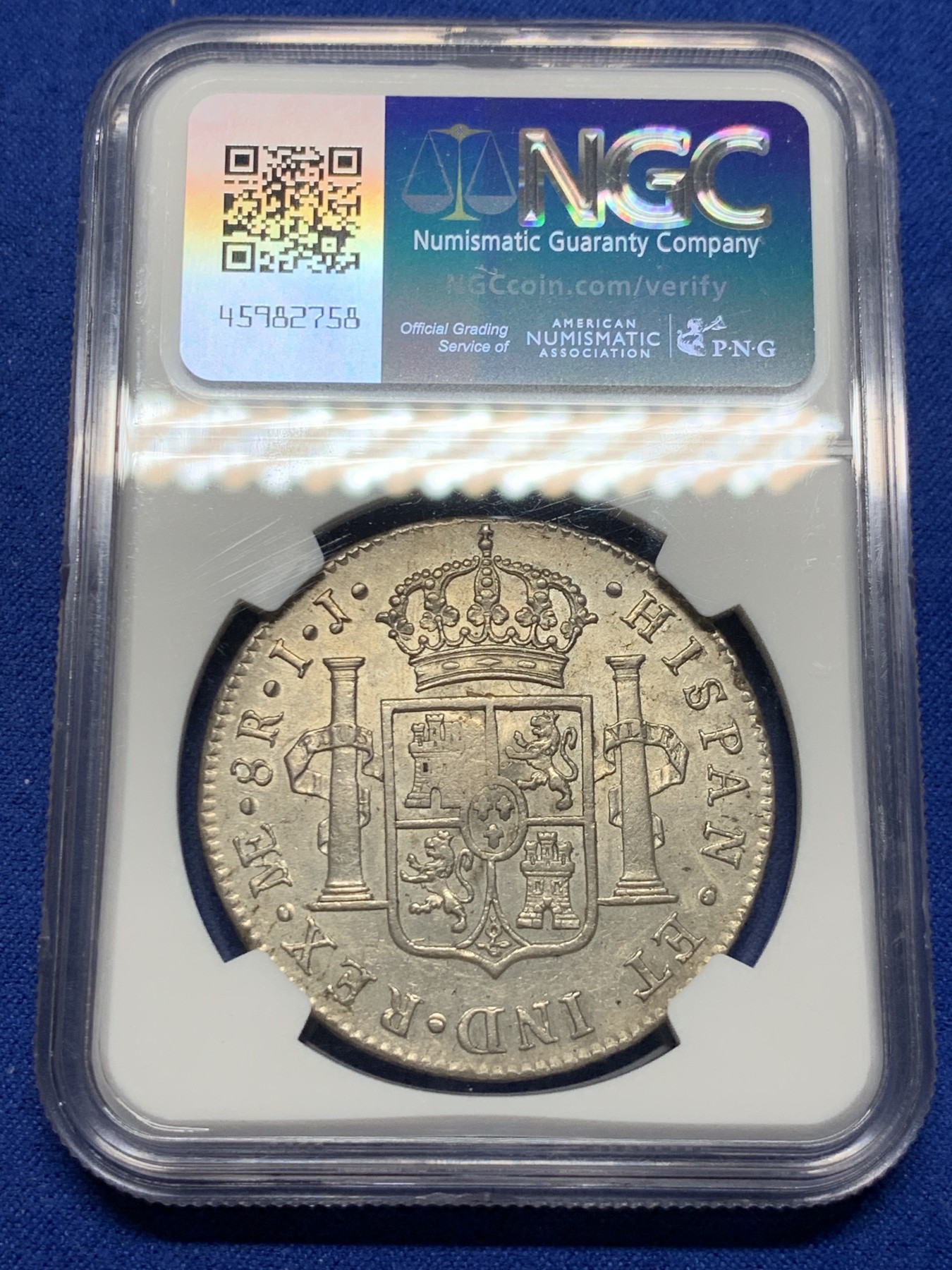 《竞宝斋》圣诞专辑  第二场  第228场 定制纪念章相赠 (全场顺丰包邮) NGC AU58 季军 英国1794年乔治三世加盖秘鲁8里亚尔，秘鲁加盖少见