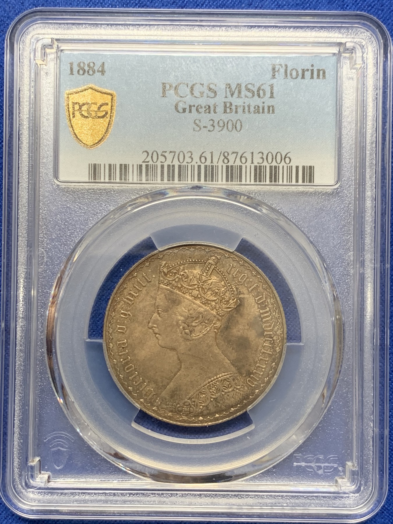 《竞宝斋》圣诞专辑  第二场  第228场 定制纪念章相赠 (全场顺丰包邮) PCGS MS61 英国1884年小维哥特弗洛林，精品金色包浆，低评