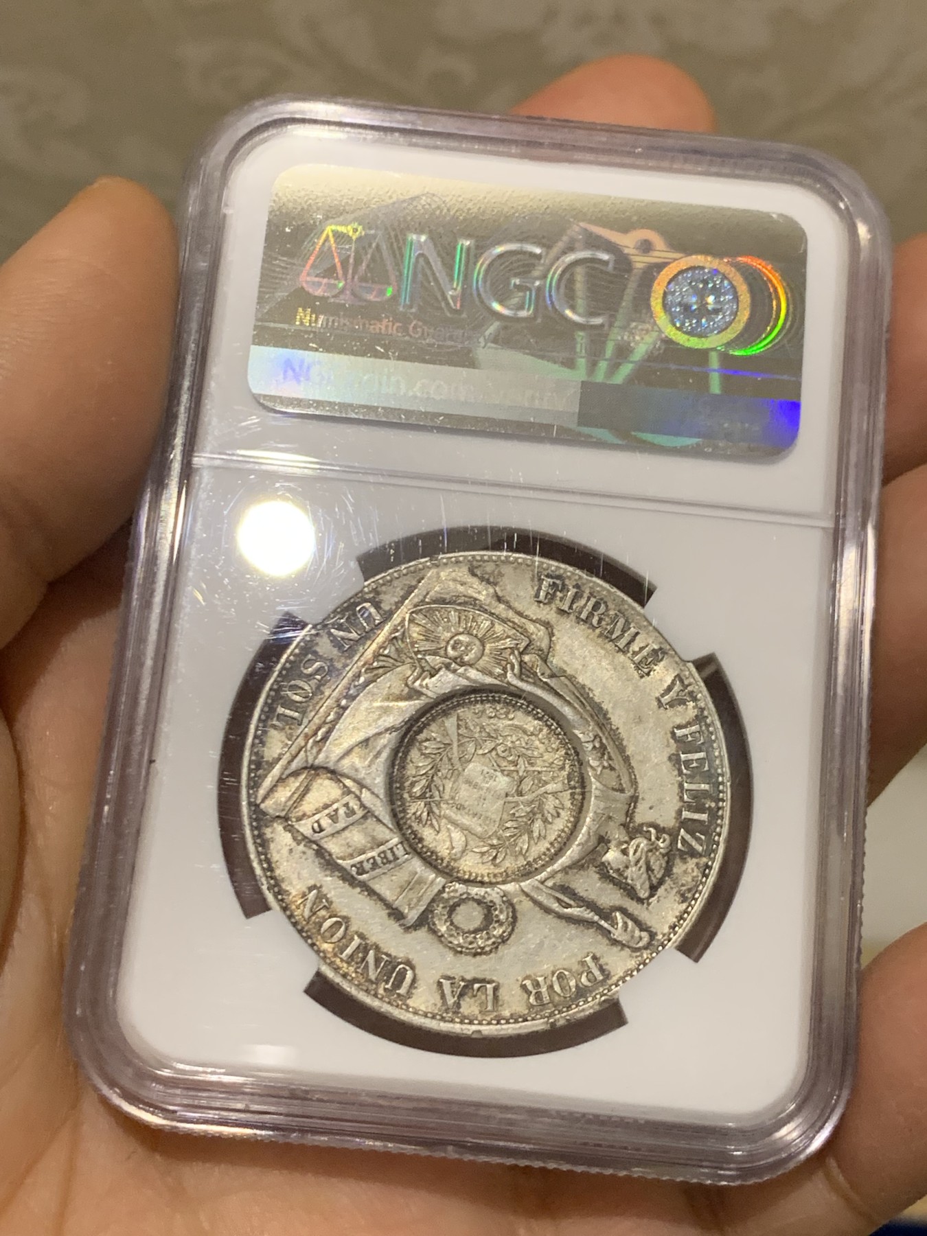 《竞宝斋》圣诞专辑  第二场  第228场 定制纪念章相赠 (全场顺丰包邮) NGC-MS63 危地马拉 1894年 加盖秘鲁比索 热门加盖品种 中南美洲大热 HA23年11月N61成交432美金