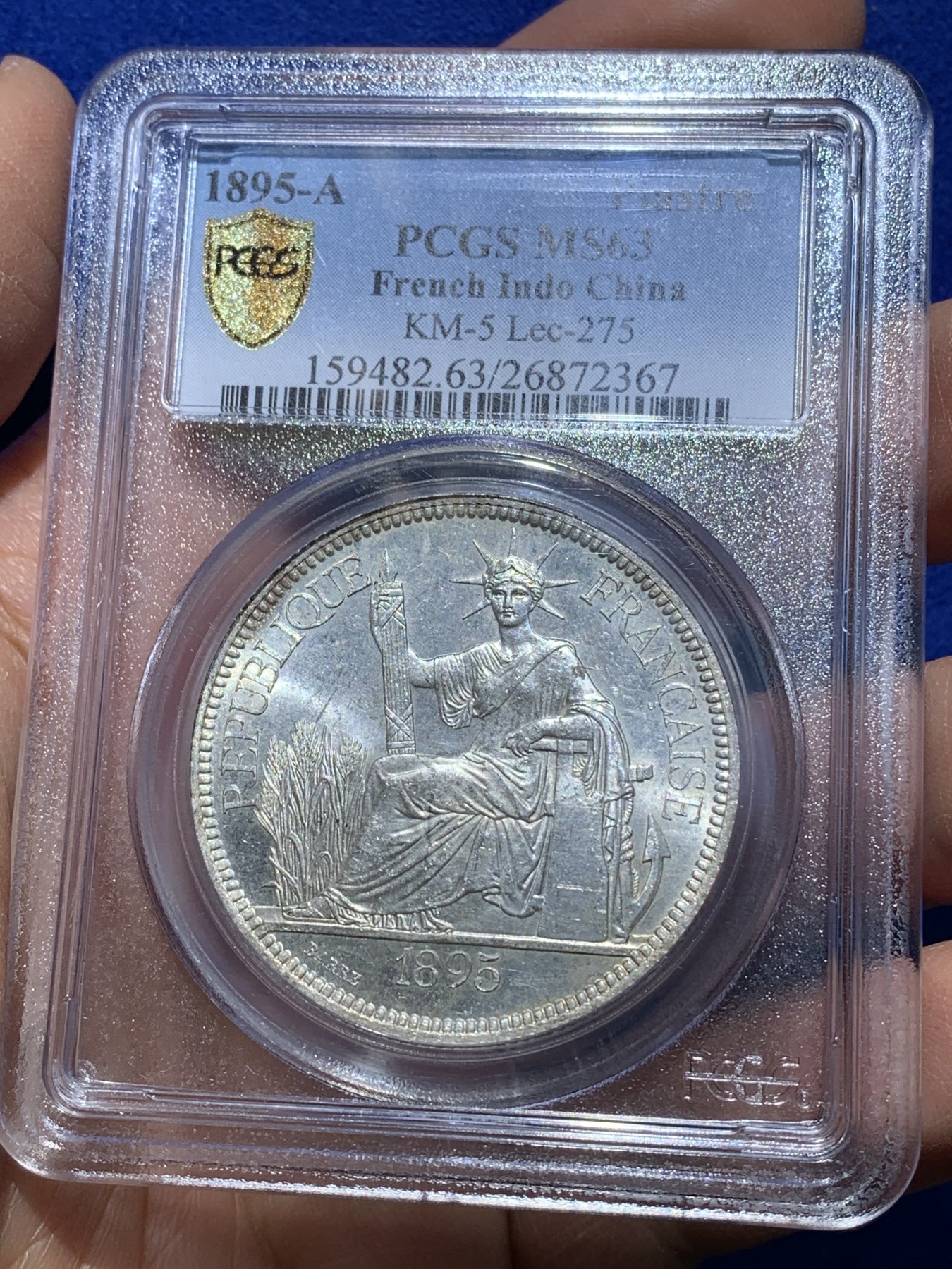 《竞宝斋》圣诞专辑  第二场  第228场 定制纪念章相赠 (全场顺丰包邮) PCGS MS63 法属印支 1895年加重坐洋，车轮炫光！