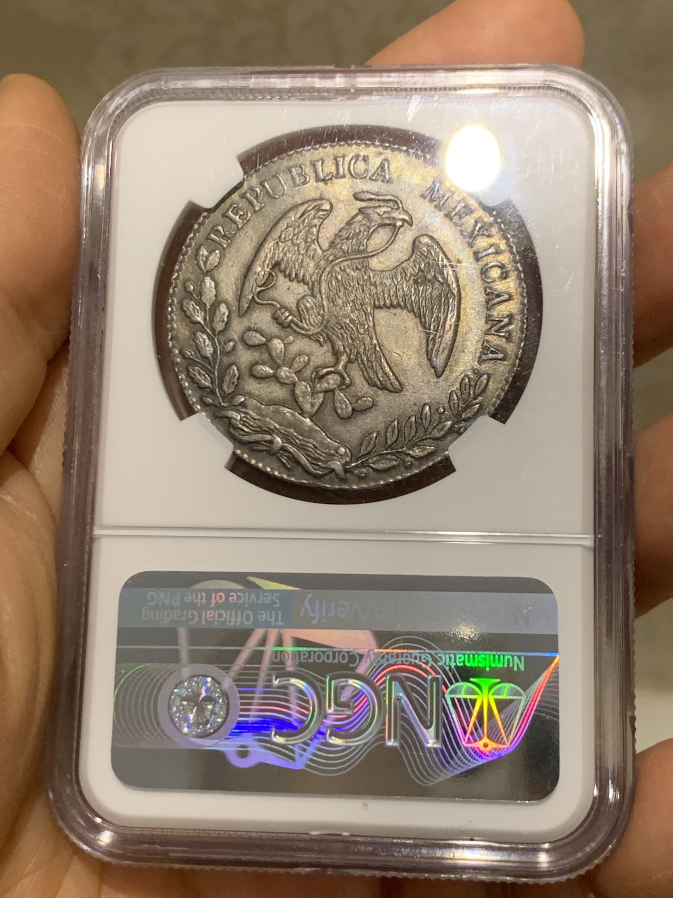 《竞宝斋》圣诞专辑  第二场  第228场 定制纪念章相赠 (全场顺丰包邮) NGC MS63 墨西哥1875年CA版（比较少见的版本）花边鹰洋8瑞尔银币