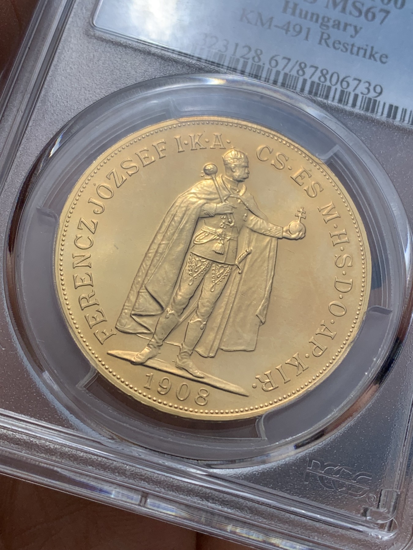 《竞宝斋》圣诞专辑  第二场  第228场 定制纪念章相赠 (全场顺丰包邮) PCGS-MS67 奥匈帝国匈牙利（1908）100克朗金币 后铸 33.88克，成色90%，品相极美