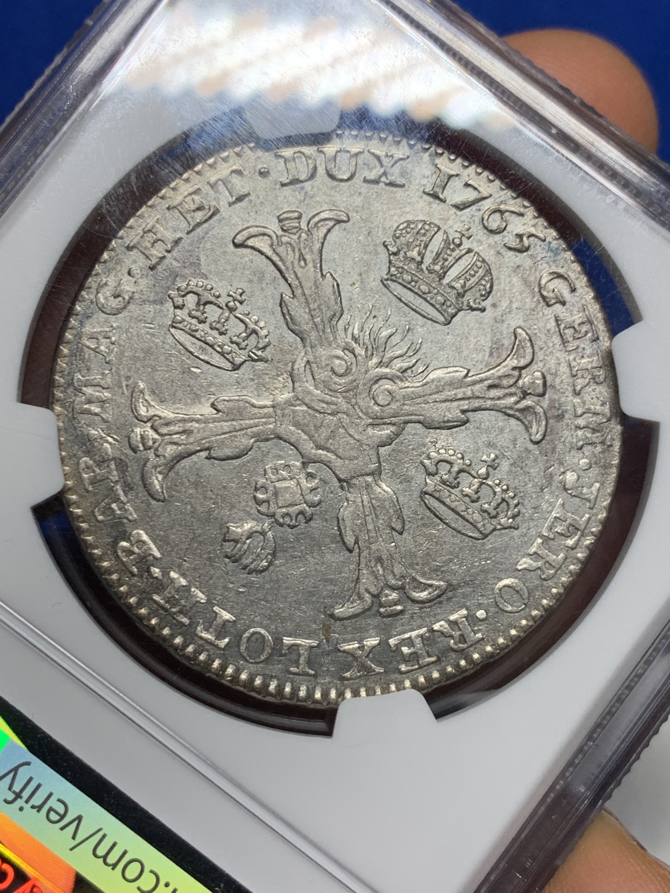 《竞宝斋》圣诞专辑  第二场  第228场 定制纪念章相赠 (全场顺丰包邮) NGC-AU58 1765年奥属尼德兰1泰勒大银币 唯一评级记录，君主为大奶妈与弗朗茨一世，比单独大奶妈那版少很多，底板很好，高点也在，有些低评了