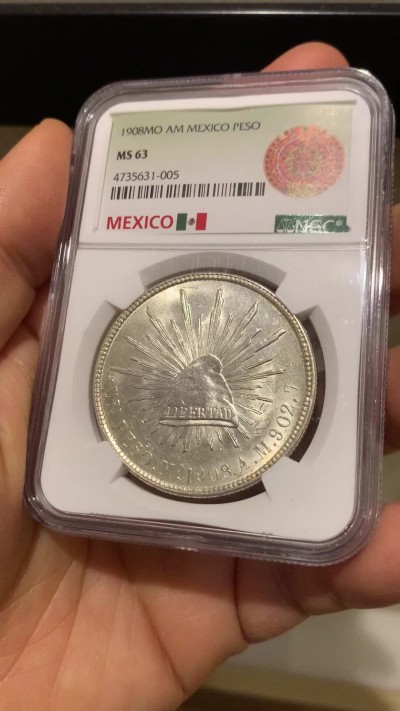《竞宝斋》圣诞专辑  第二场  第228场 定制纪念章相赠 (全场顺丰包邮) NGC MS63 墨西哥1908年MoAM版直边鹰洋1比索银币 墨西哥本土ngc评级
