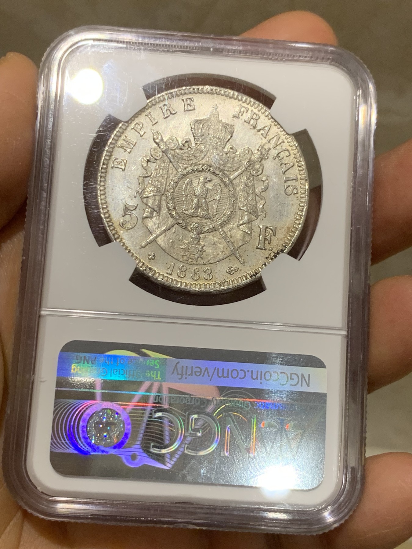 《竞宝斋》圣诞专辑  第二场  第228场 定制纪念章相赠 (全场顺丰包邮) NGC-MS62 法兰西第二帝国 拿破仑三世 1868年5法郎银币  细节满满  淡黄包浆 车轮光犹在 通货常见好品难得  值得入手