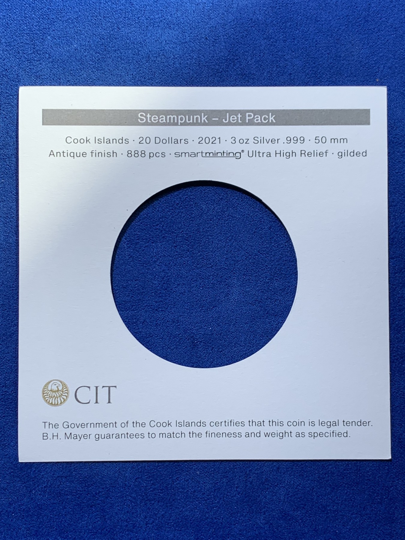 《竞宝斋》圣诞专辑  第二场  第228场 定制纪念章相赠 (全场顺丰包邮) NGC MS70 2021年库克蒸汽朋克系列-喷气背包浮雕镀金仿古纪念银币 盒装  50mm 3盎司 999银 发行量888枚