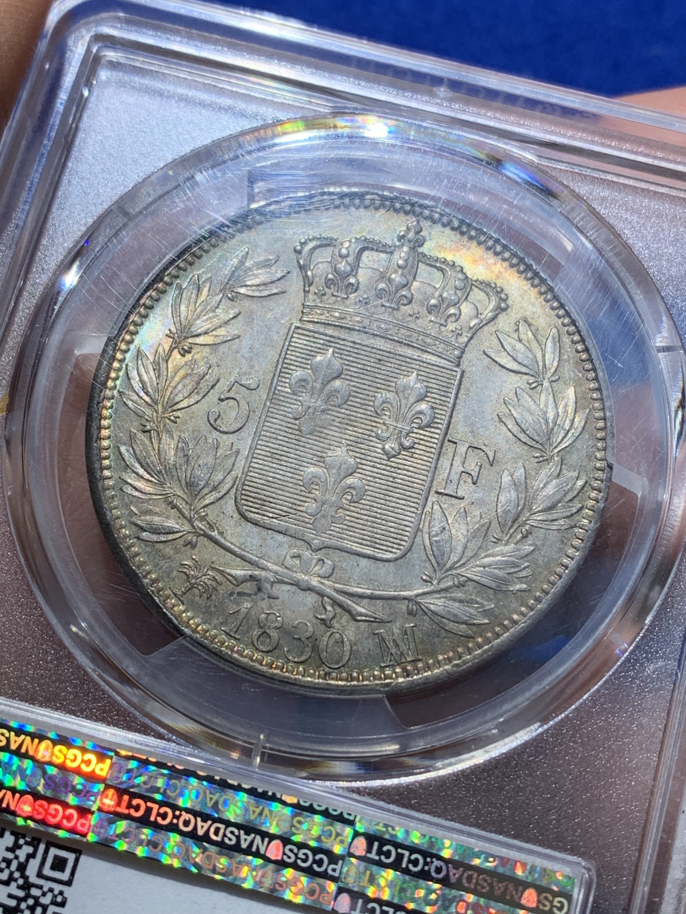 《竞宝斋》圣诞专辑  第二场  第228场 定制纪念章相赠 (全场顺丰包邮) PCGS MS63 法国 1830年 马赛厂 查理十世 小字版 5法郎银币 难得的五彩包浆 发行量只有180万枚
