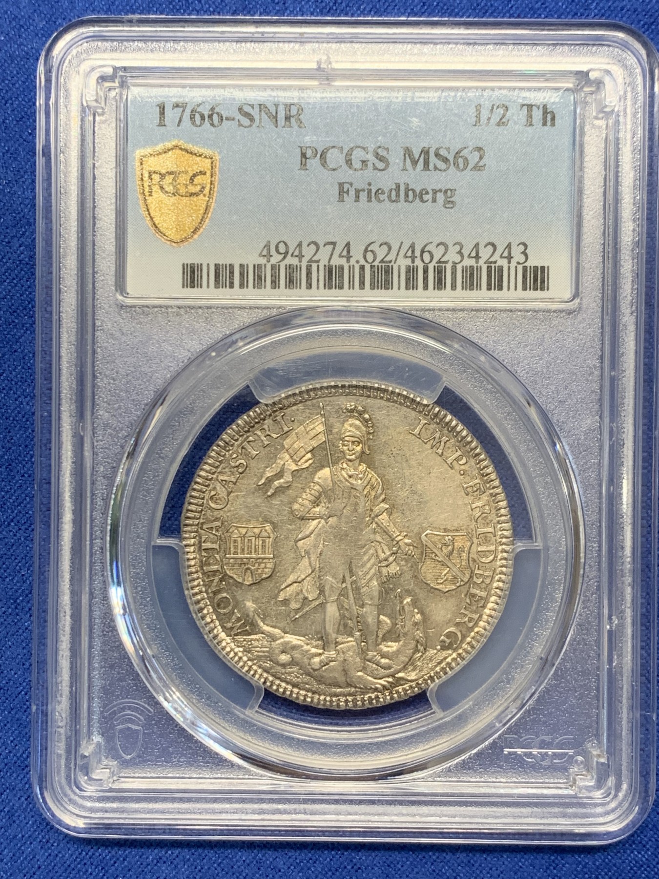 《竞宝斋》圣诞专辑  第二场  第228场 定制纪念章相赠 (全场顺丰包邮) PCGS-MS62 1766神圣罗马帝国弗里德贝格重甲武士1/2泰勒银币 非常少见，PL底板