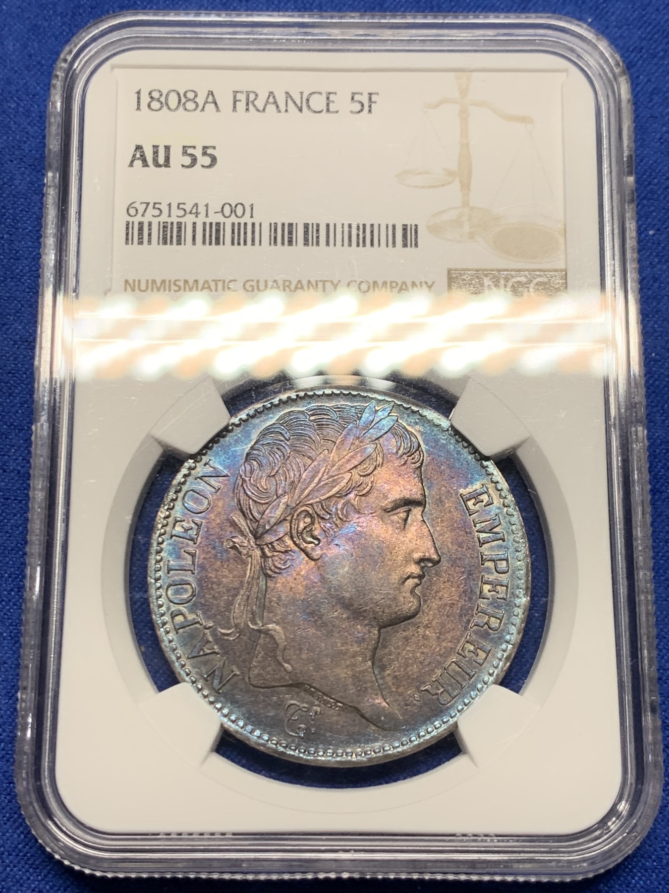 《竞宝斋》圣诞专辑  第二场  第228场 定制纪念章相赠 (全场顺丰包邮) NGC-AU55 法国1808年拿破仑大帝5法郎银币 特年，是拿破仑皇帝桂冠头像的共和版唯一年份，炫彩紫老包浆，有转光，状态极佳