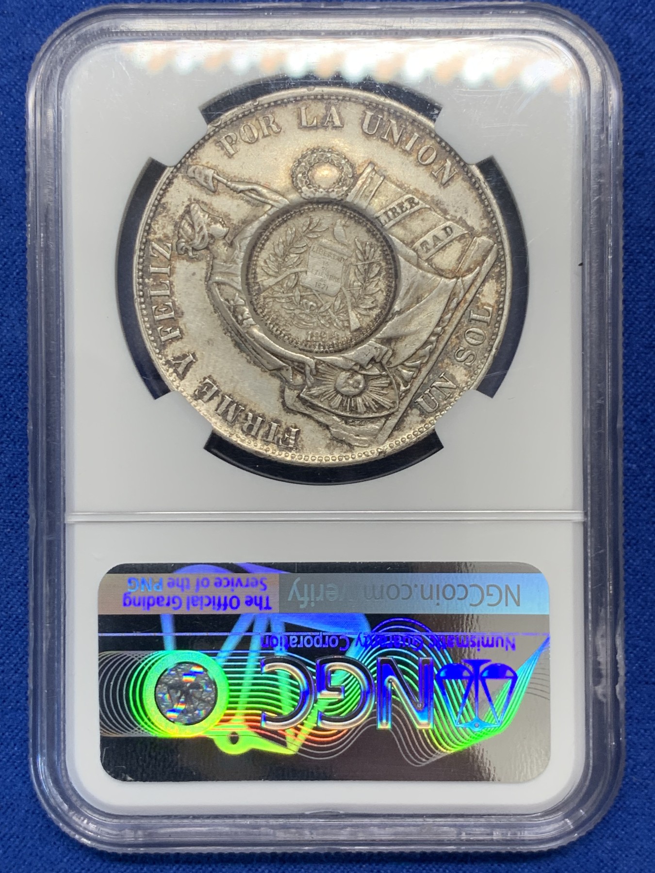 《竞宝斋》圣诞专辑  第二场  第228场 定制纪念章相赠 (全场顺丰包邮) NGC-MS63 危地马拉 1894年 加盖秘鲁比索 热门加盖品种 中南美洲大热 HA23年11月N61成交432美金