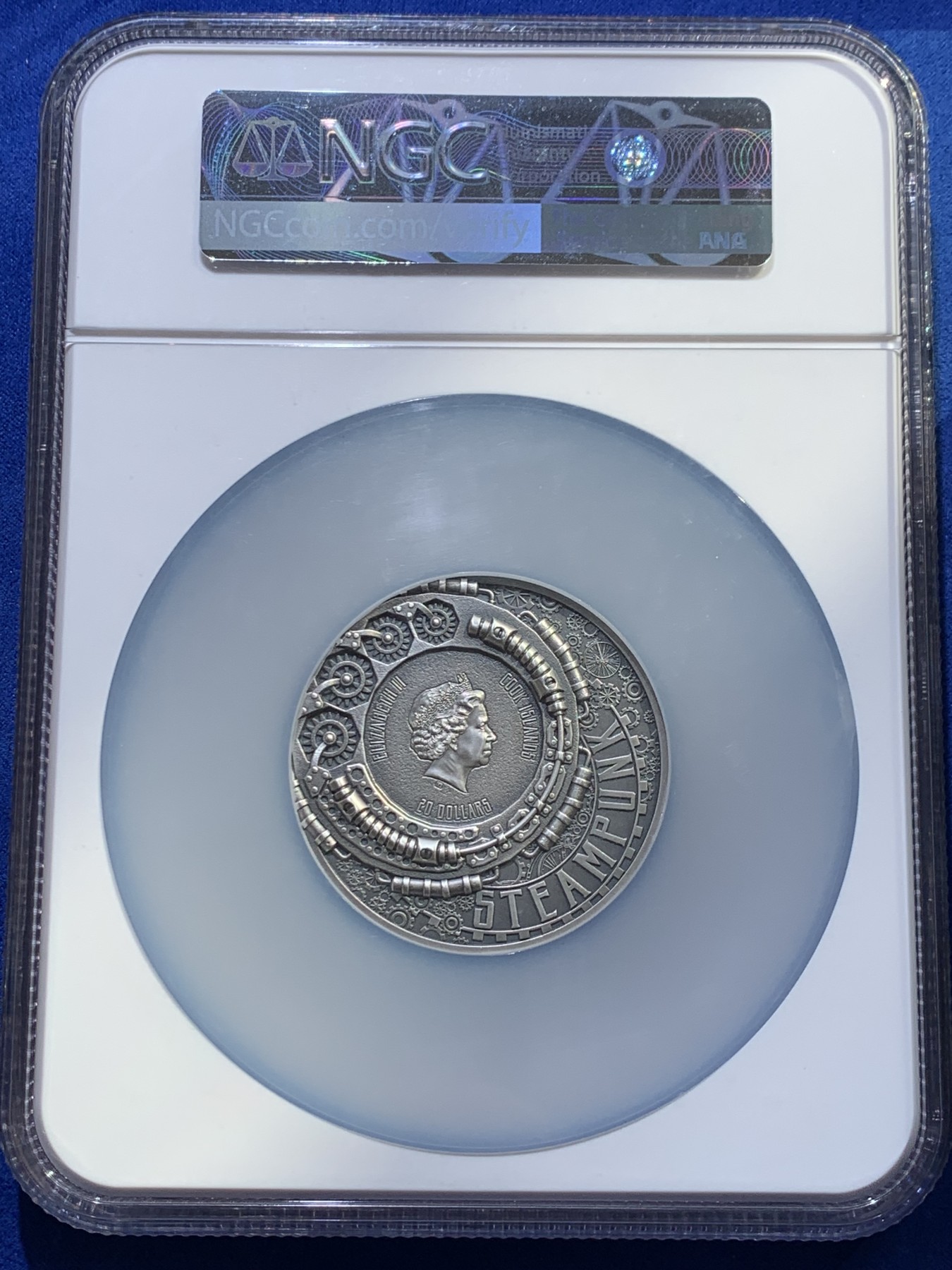 《竞宝斋》圣诞专辑  第二场  第228场 定制纪念章相赠 (全场顺丰包邮) NGC MS70 2022年库克蒸汽朋克系列-鹦鹉螺浮雕镀金仿古纪念银币 盒装  50mm 3盎司 999银 发行量888枚