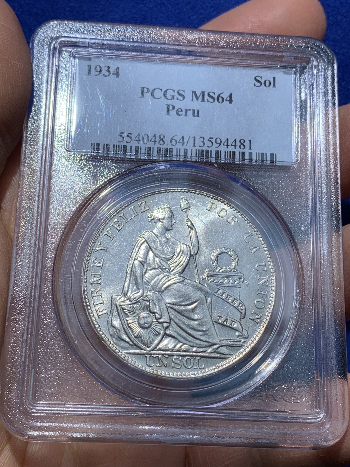《竞宝斋》圣诞专辑  第二场  第228场 定制纪念章相赠 (全场顺丰包邮) PCGS-MS64 秘鲁 1934年 1索尔 pc早期老白盒 光度十足 分数高
