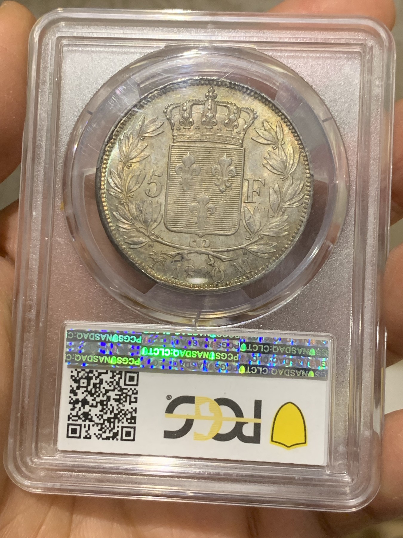 《竞宝斋》圣诞专辑  第二场  第228场 定制纪念章相赠 (全场顺丰包邮) PCGS MS63 法国 1830年 马赛厂 查理十世 小字版 5法郎银币 难得的五彩包浆 发行量只有180万枚