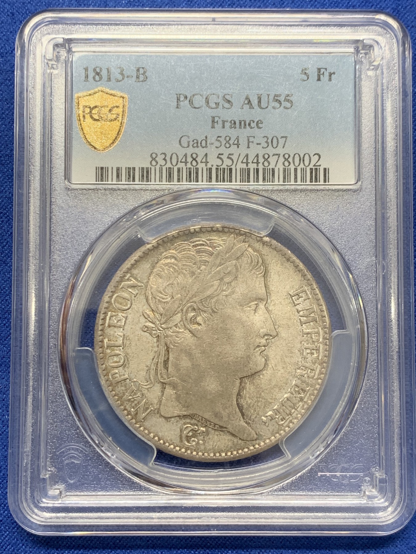 《竞宝斋》圣诞专辑  第二场  第228场 定制纪念章相赠 (全场顺丰包邮) PCGS AU55 法国1813年拿破仑一世5法郎银币 少见鲁昂造币厂 原味带光全深打 55分的1枚 更高分4枚 有分的非常稀少