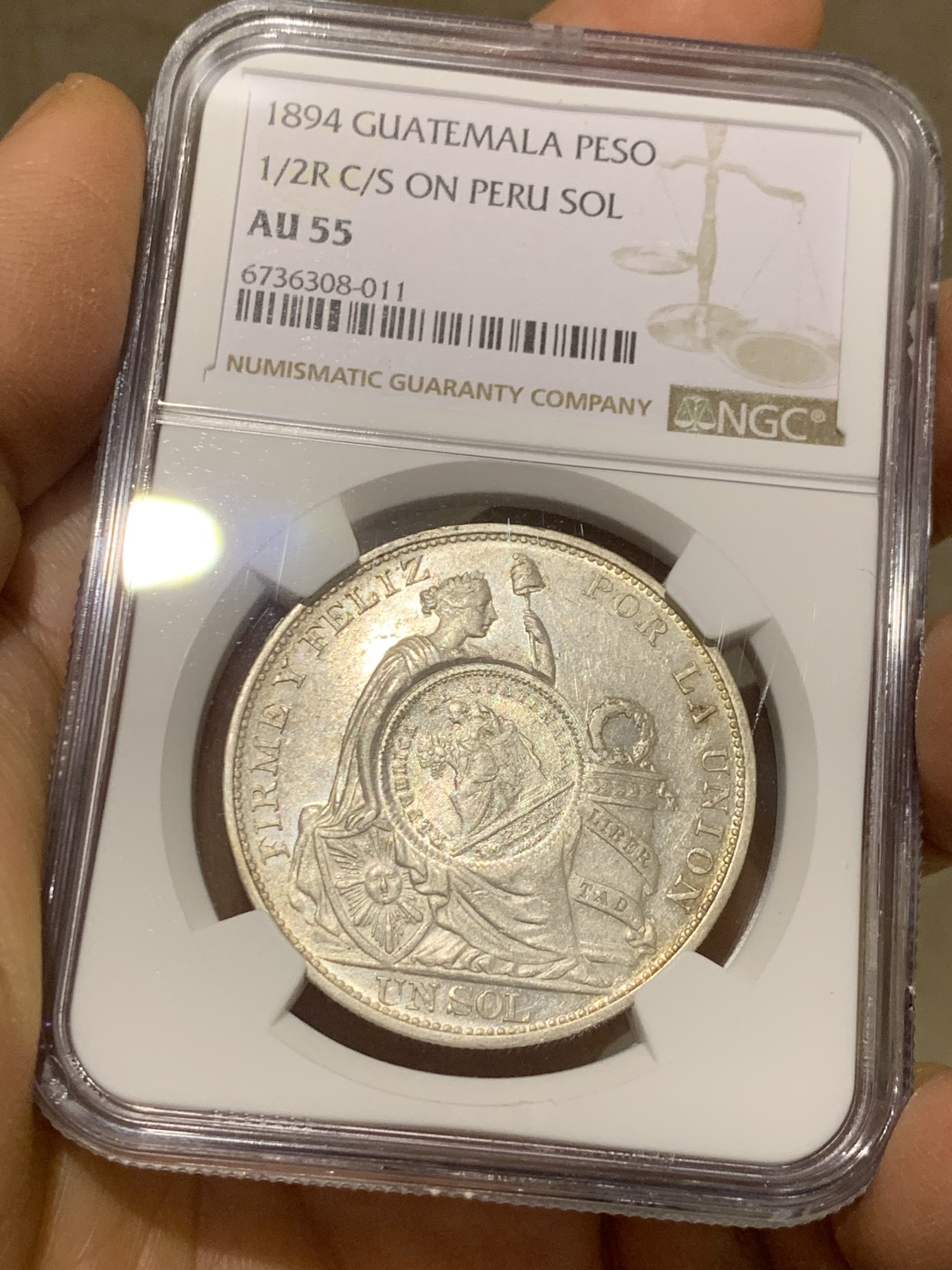 《竞宝斋》圣诞专辑  第二场  第228场 定制纪念章相赠 (全场顺丰包邮) NGC-AU55 危地马拉1894年加盖1比索银币 热门品种 低评好状态