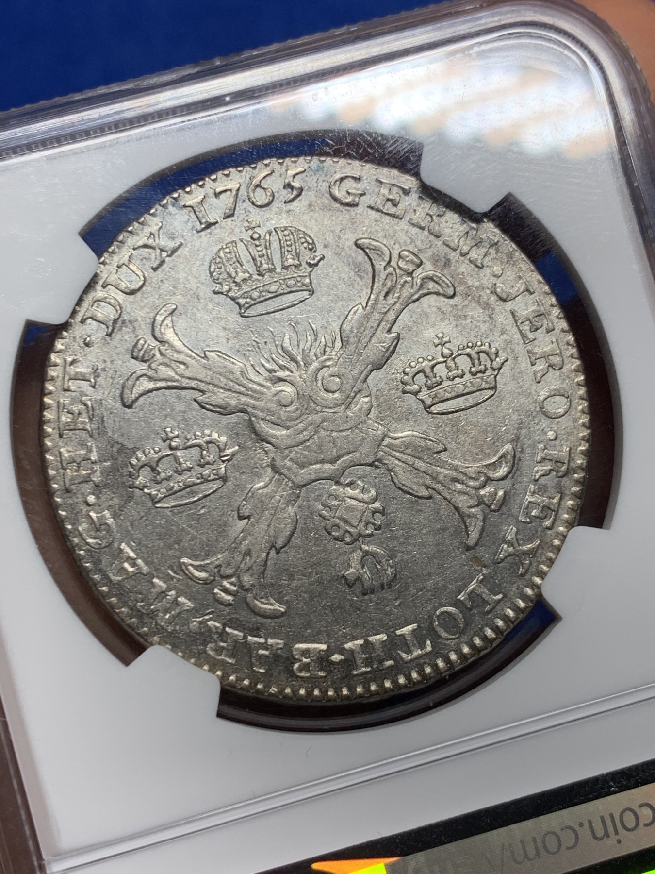 《竞宝斋》圣诞专辑  第二场  第228场 定制纪念章相赠 (全场顺丰包邮) NGC-AU58 1765年奥属尼德兰1泰勒大银币 唯一评级记录，君主为大奶妈与弗朗茨一世，比单独大奶妈那版少很多，底板很好，高点也在，有些低评了