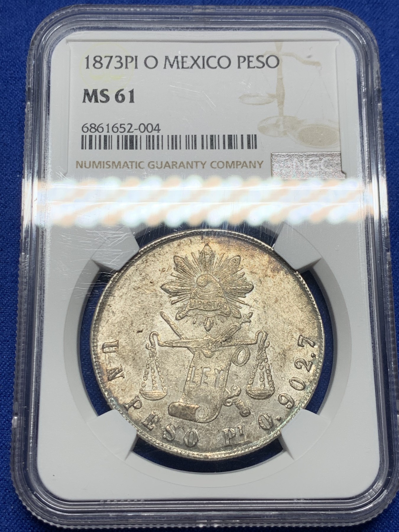 《竞宝斋》圣诞专辑  第二场  第228场 定制纪念章相赠 (全场顺丰包邮) NGC MS61 墨西哥 1873年 PI 天平鹰洋 1比索银币 底板带光 包浆带彩 非常不错