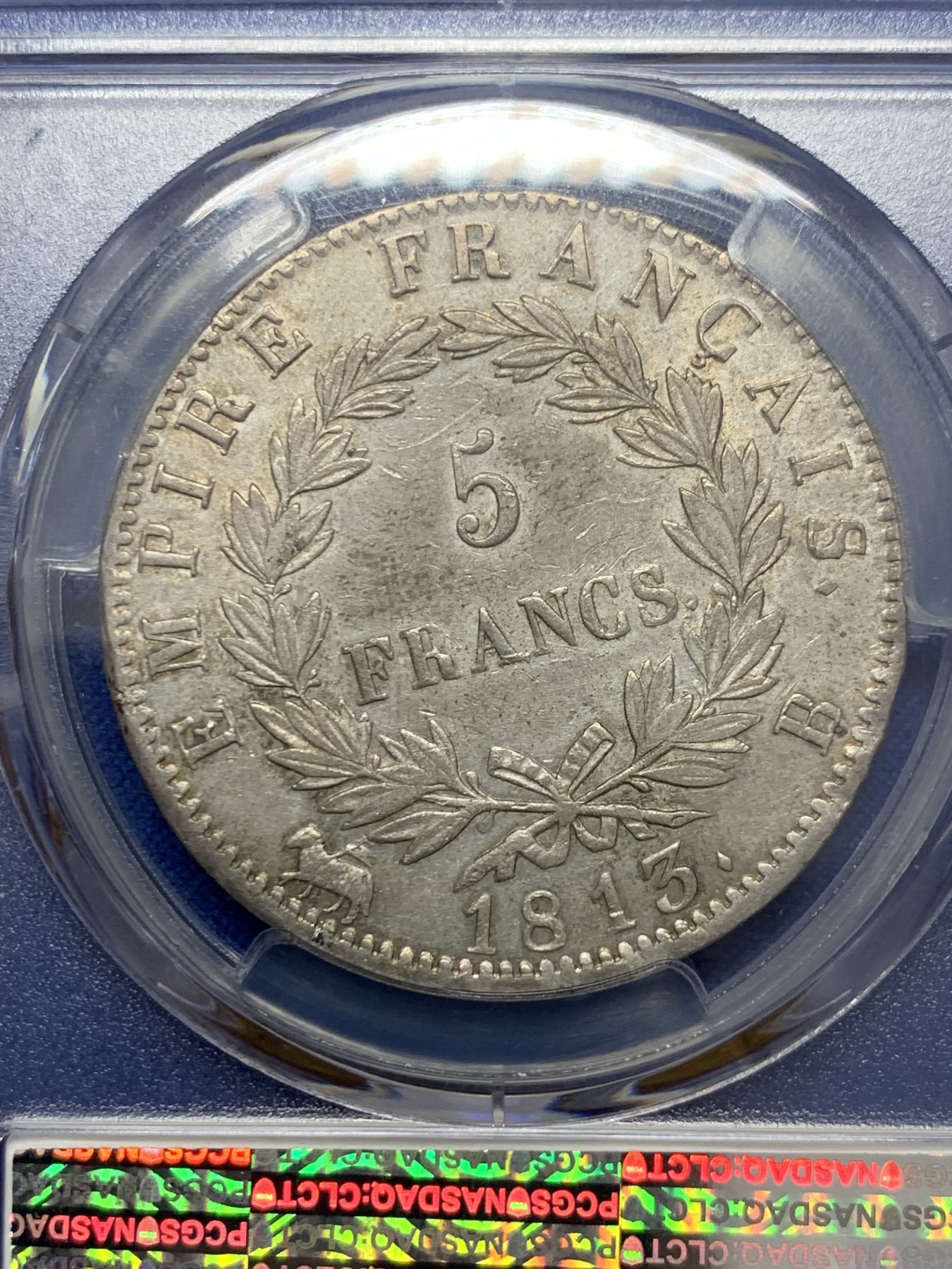 《竞宝斋》圣诞专辑  第二场  第228场 定制纪念章相赠 (全场顺丰包邮) PCGS AU55 法国1813年拿破仑一世5法郎银币 少见鲁昂造币厂 原味带光全深打 55分的1枚 更高分4枚 有分的非常稀少